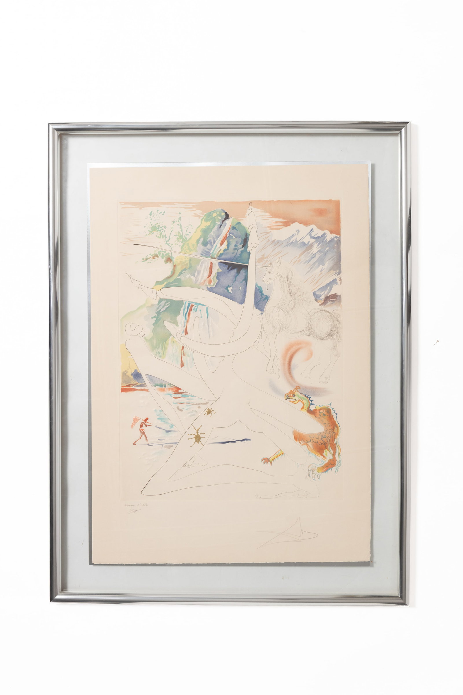 SALVADOR DALI (SPANISH, 1904-1989) "THE LASER UNICORN DISINTEGRATES..." SIGNED ENGRAVING.: SALVADOR DALI (SPANISH, 1904-1989) "THE LASER UNICORN DISINTEGRATES..." SIGNED ENGRAVING. 20th Century. Colored engraving on paper. Pencil signed and inscribed Épreuve d'artiste (E.A.). "The Laser