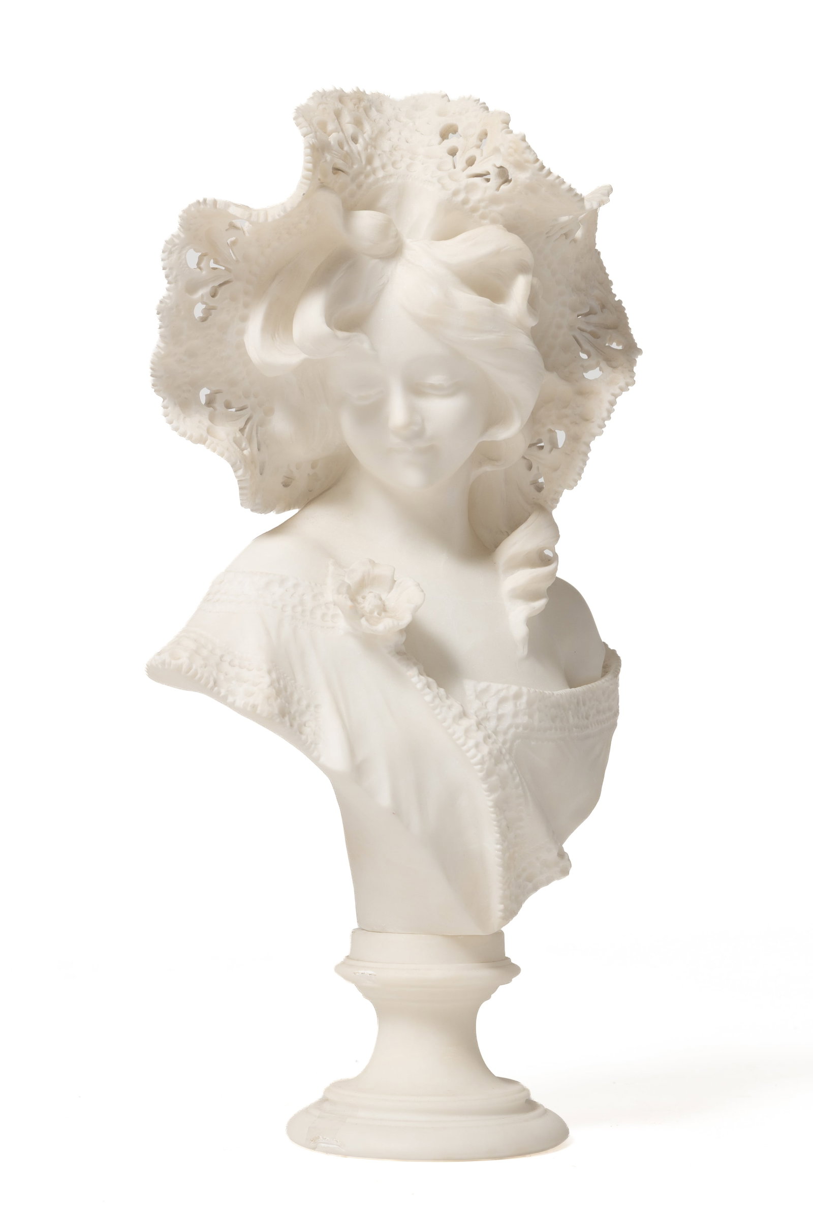 CIPRIANO CIPRIANI (ITALIAN) MARBLE BUST OF A LADY.: CIPRIANO CIPRIANI (ITALIAN) MARBLE BUST OF A LADY. Late 19th or early 20th Century. Well-carved lady with lace hat and collar, signed on reverse. Turned pedestal. 19"h.