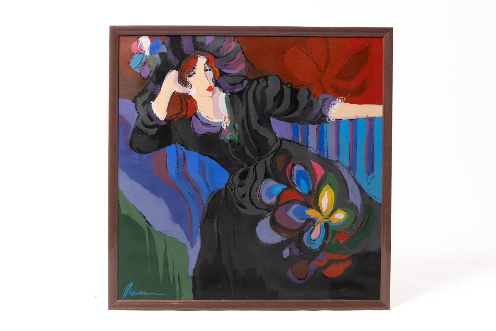 ISAAC MAIMON (ISRAELI-FRENCH, B. 1951) UNTITLED OIL ON CANVAS.: ISAAC MAIMON (ISRAELI-FRENCH, B. 1951) UNTITLED OIL ON CANVAS. Contemporary. Signed lower left. Depicting a lady reclining on a sofa in vibrant colored clothing and wearing a large hat. In a painted f