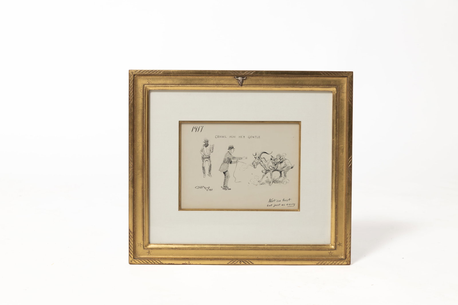 CHARLES MARION RUSSELL (AMERICAN, 1864-1926) INK DRAWING "CRAWL HIM HE'S GENTLE", DATED 1917.: CHARLES MARION RUSSELL (AMERICAN, 1864-1926) INK DRAWING "CRAWL HIM HE'S GENTLE", DATED 1917. Early 20th Century. Ink on paper. Depicting a cowboy standing, smoking a cigarette and a suited man pullin