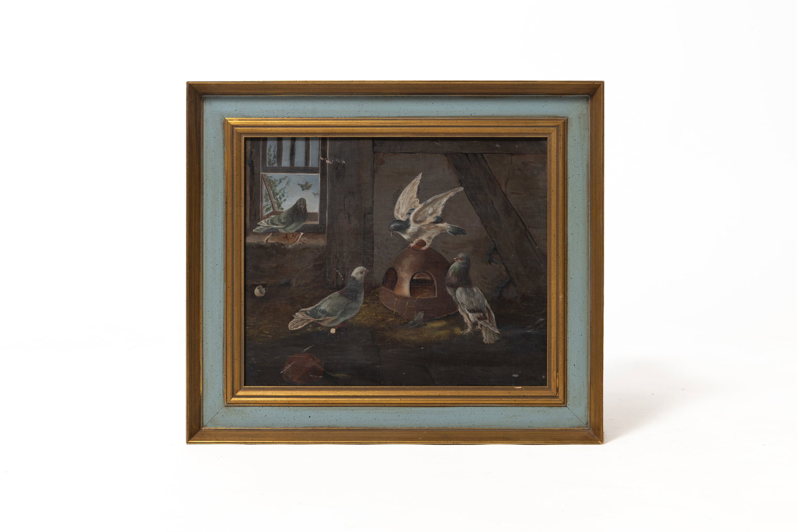 OIL ON CANVAS OF RACING PIGEONS.: OIL ON CANVAS OF RACING PIGEONS. American or European, 19th Century. Unsigned. Depiction of an interior room with pigeons in daily activities. Canvas, 11"h. 3"w. In a painted and gilt frame, 15"h. 17.