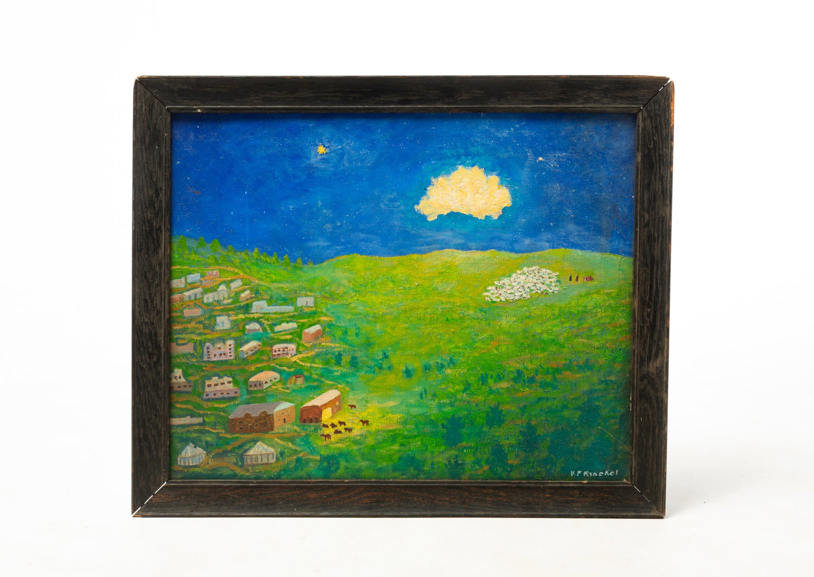 KARL F. KRAEKEL (PHILADELPHIA, PENNSYLVANIA) FOLK ART OIL ON CANVAS.: KARL F. KRAEKEL (PHILADELPHIA, PENNSYLVANIA) FOLK ART OIL ON CANVAS. American, 20th Century. Depicting a landscape at night, with houses and farms, a lit barn with animals outside, and a large green