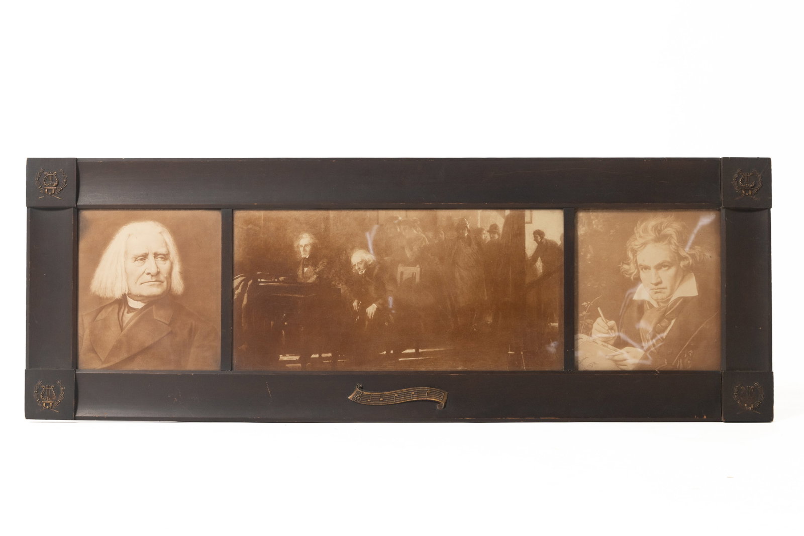 PRINTS OF FAMOUS COMPOSERS, INCLUDING LISZT AND BEETHOVEN, IN A TRIPTYCH FRAME.: PRINTS OF FAMOUS COMPOSERS, INCLUDING LISZT AND BEETHOVEN, IN A TRIPTYCH FRAME. American, early 20th Century. With a printed portrait of Franz Liszt on the left, a portrait of two elderly composers