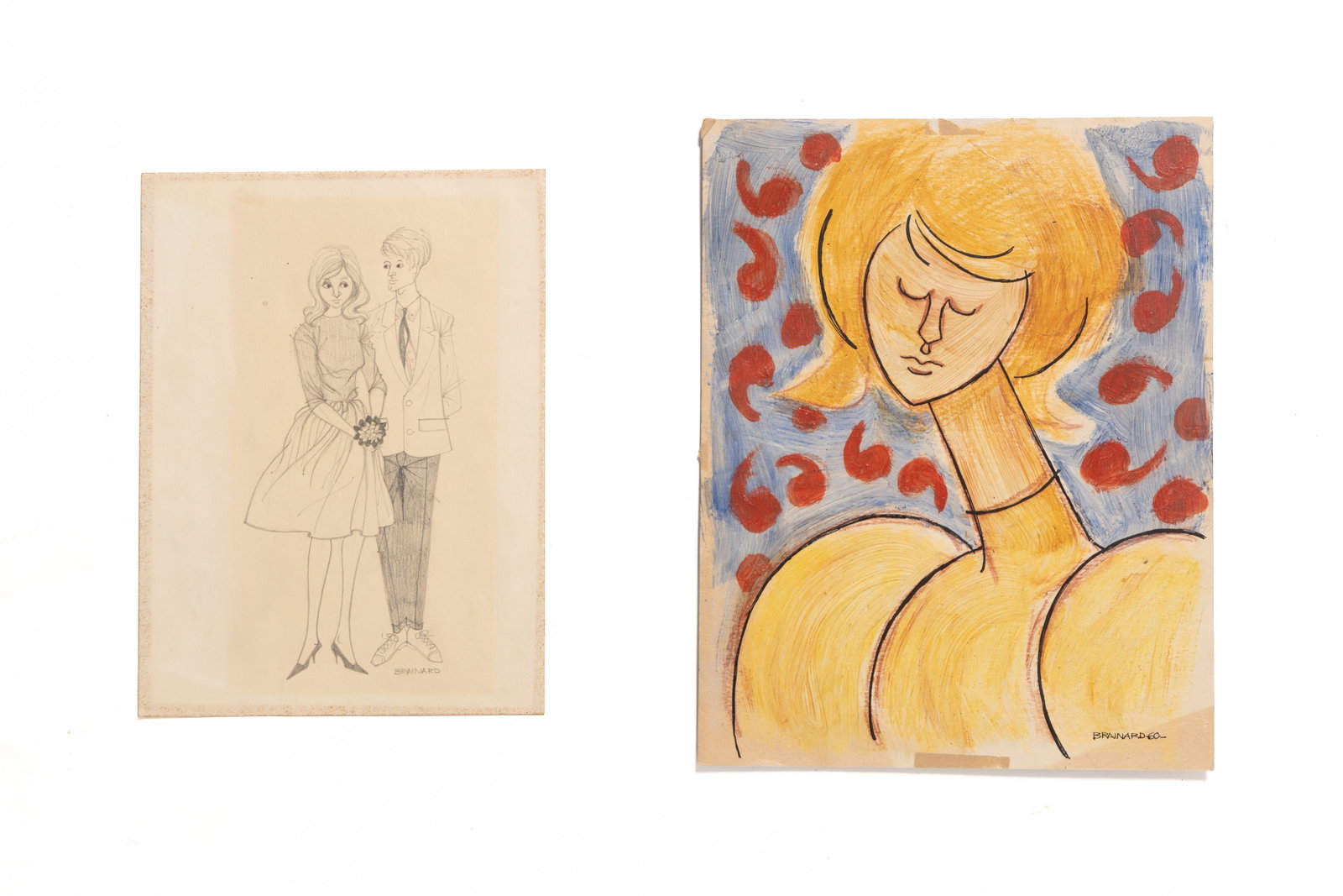 JOE BRAINARD (AMERICAN, 1942-1994) PENCIL DRAWING AND A PORTRAIT.: JOE BRAINARD (AMERICAN, 1942-1994) PENCIL DRAWING AND A PORTRAIT. 20th Century. A graphite on paper drawing of a young couple standing side by side, signed Brainard to lower right. 11.75"h. 8"w.