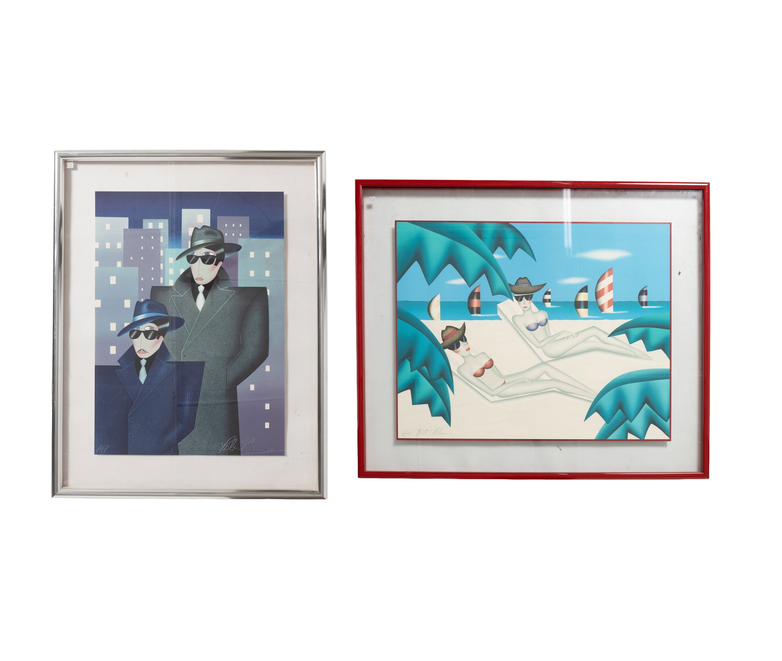 TWO ROBIN MORRIS (AMERICAN, B. 1953) SIGNED SERIGRAPHS.: TWO ROBIN MORRIS (AMERICAN, B. 1953) SIGNED SERIGRAPHS. 20th Century. Colored serigraphs on paper. Both pencil-signed to bottom. An artist's proof titled "Gangsters" showing two men wearing trench