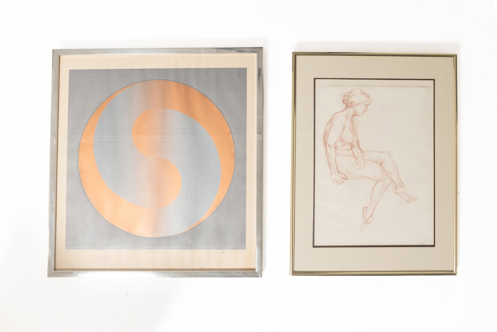 TWO FRAMED ARTWORKS.: TWO FRAMED ARTWORKS. American, 20th Century. Includes a colored pencil sketch of a nude female form, sitting and looking to the side, signed "Velzy '60" bottom right. In a gold-tone frame behind