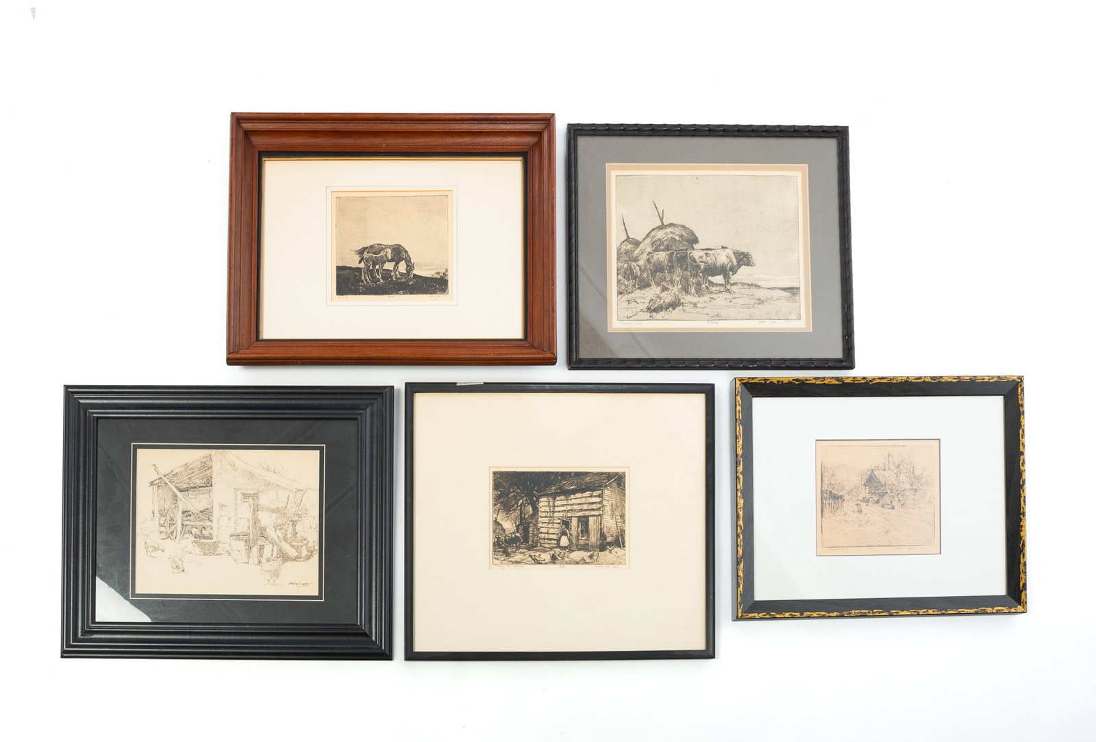 FOUR LESLIE COPE (OHIO, 1913-2002) ETCHINGS AND ONE INK DRAWING OF FARMS. (1 of 9)