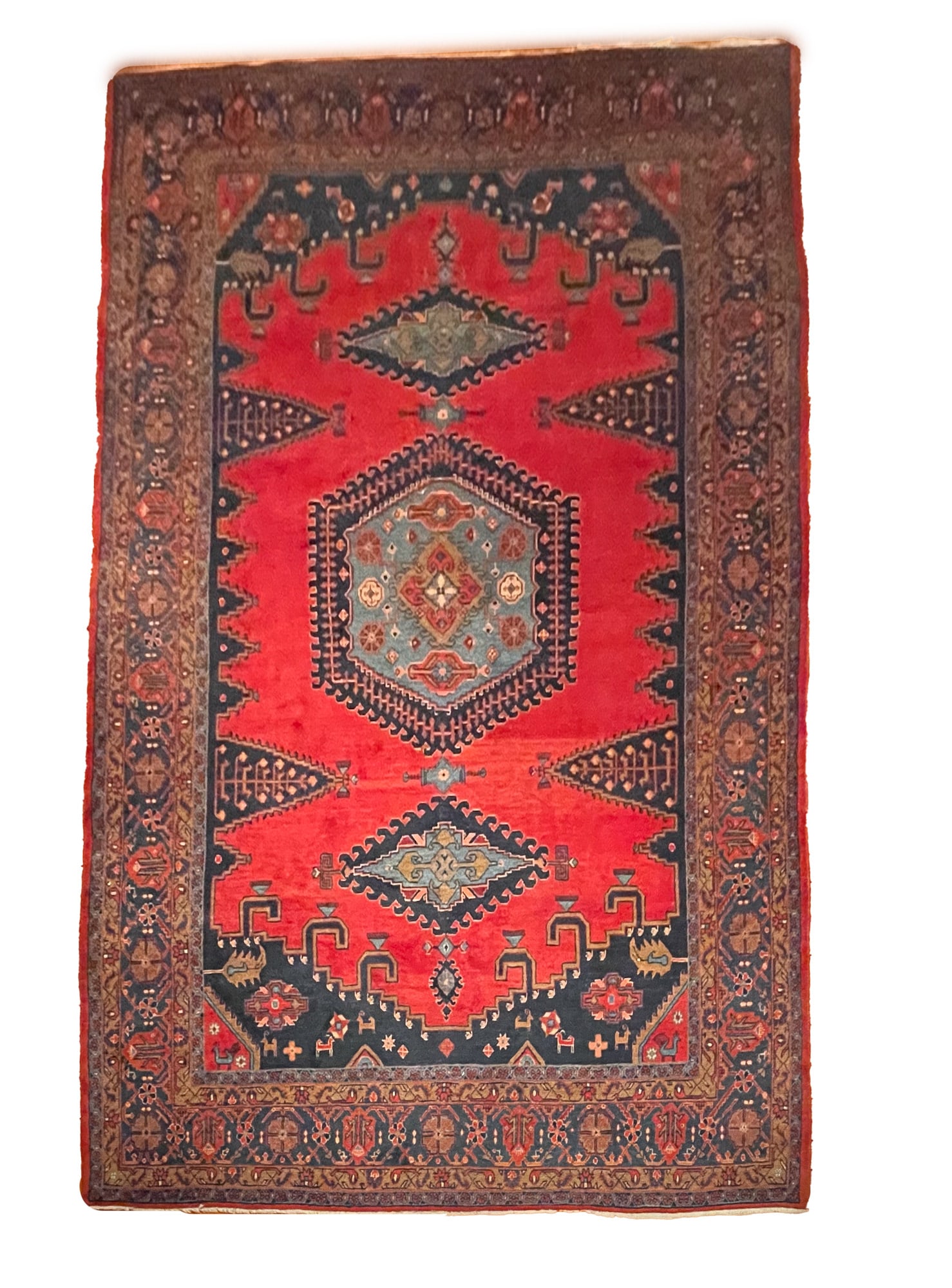 PERSIAN VISS HAND-KNOTTED ROOM SIZE RUG.: PERSIAN VISS HAND-KNOTTED ROOM SIZE RUG. Iranian, 20th Century. Wool. Having a central medallion of stylized polychrome flowers on a light blue field with two diamond-shaped designs above and below