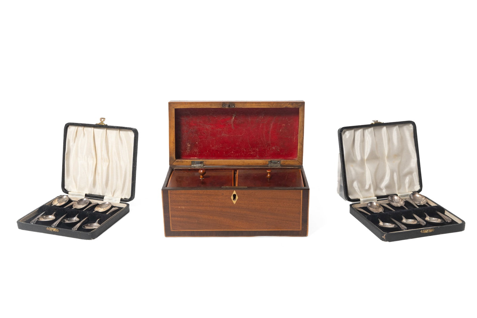 TWELVE STERLING SILVER DEMITASSE SPOONS AND INLAID TED CADDY. (1 of 18)