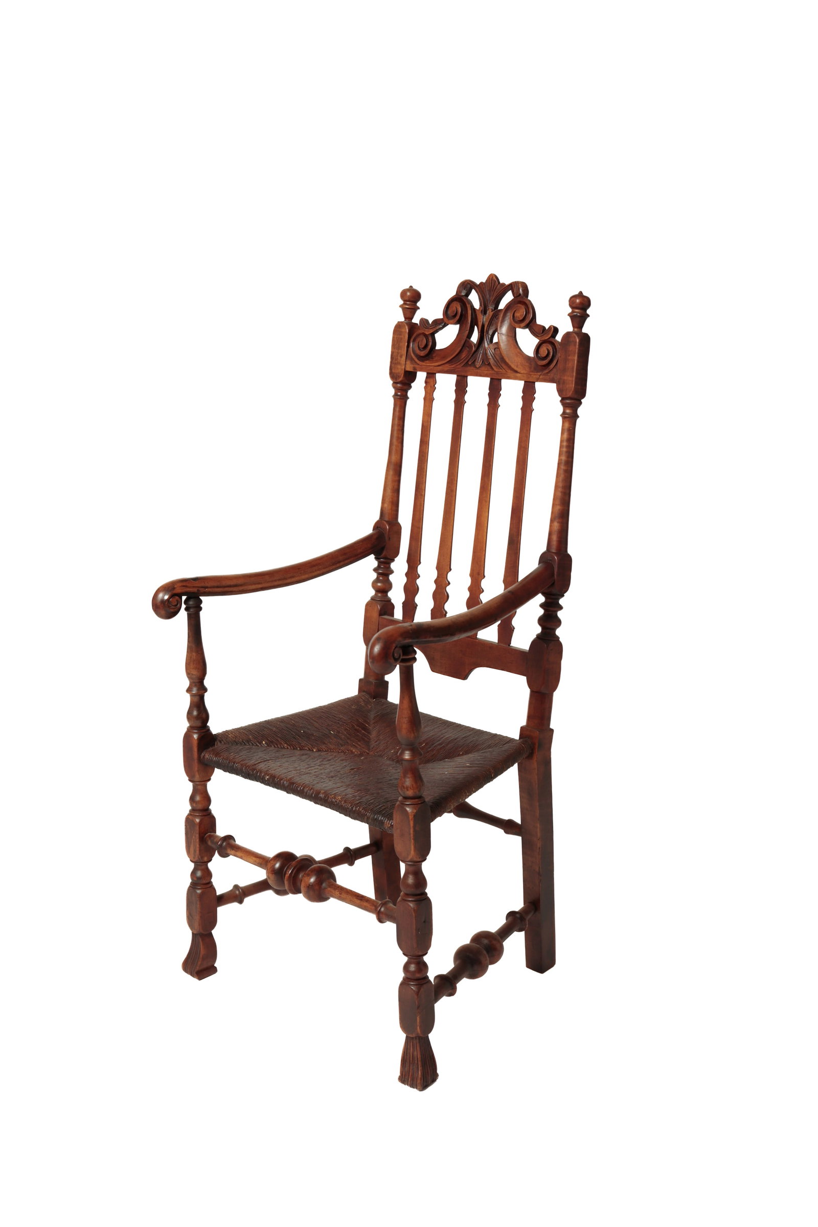 EARLY BOSTON BANISTER-BACK ARMCHAIR.: EARLY BOSTON BANISTER-BACK ARMCHAIR. American, mid- 18th Century. Maple. Back with Prince of Wales crest, scrolled arms, block-and-spool turned legs, bulbous stretchers, Spanish feet, and a woven