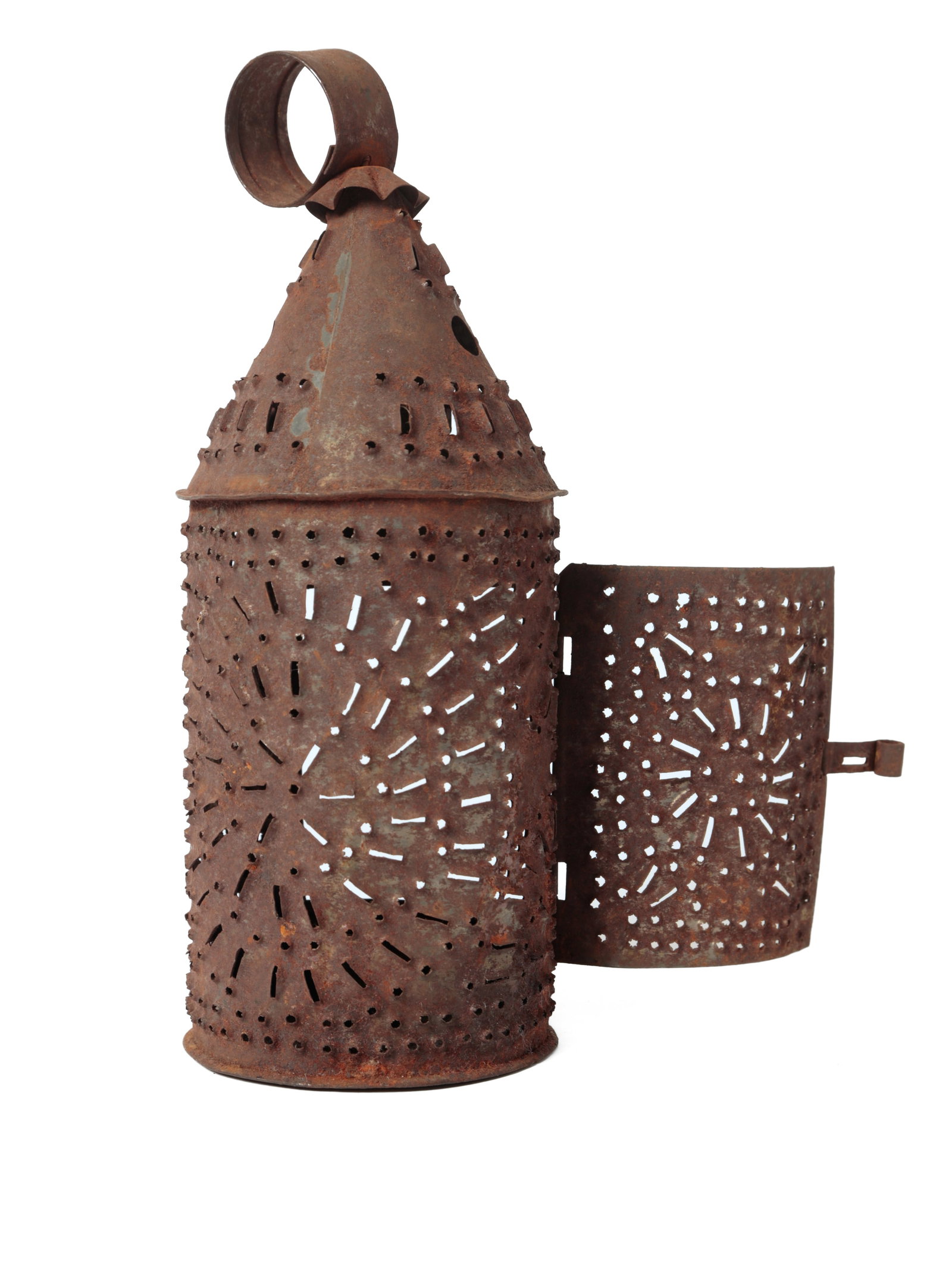 THREE PUNCHED TIN CANDLE LANTERNS. - 15
