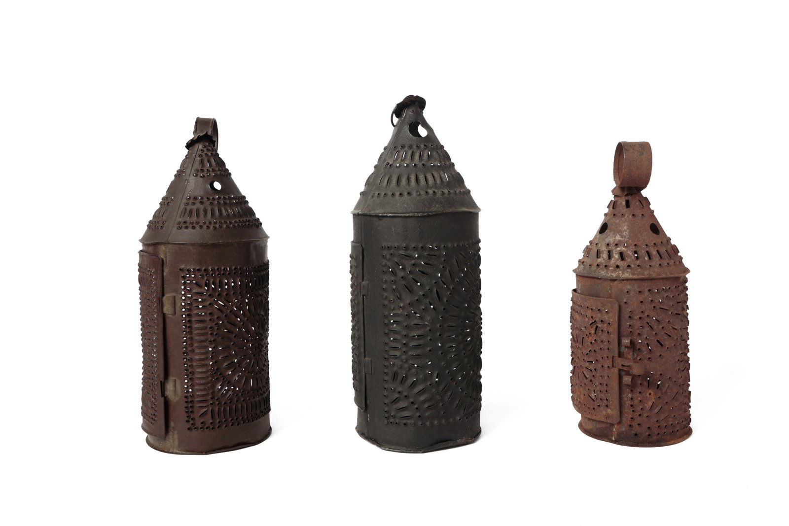 THREE PUNCHED TIN CANDLE LANTERNS. - 2