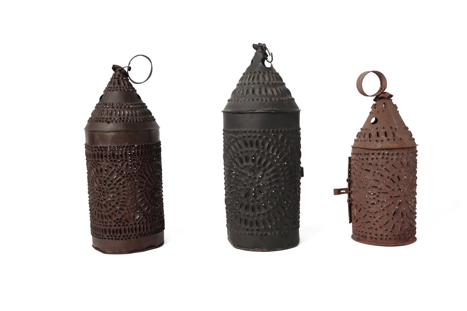 THREE PUNCHED TIN CANDLE LANTERNS. - 3