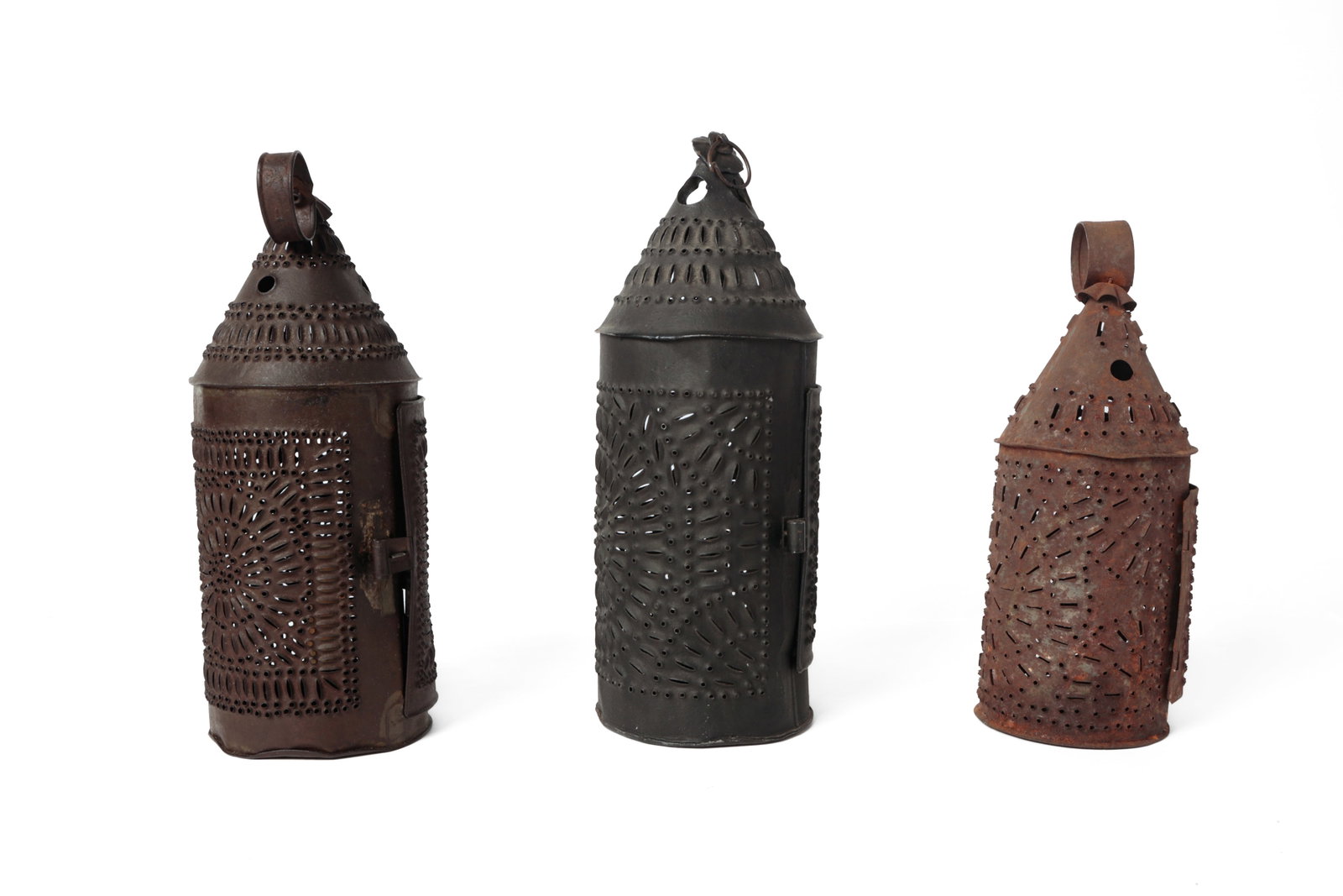 THREE PUNCHED TIN CANDLE LANTERNS. - 4