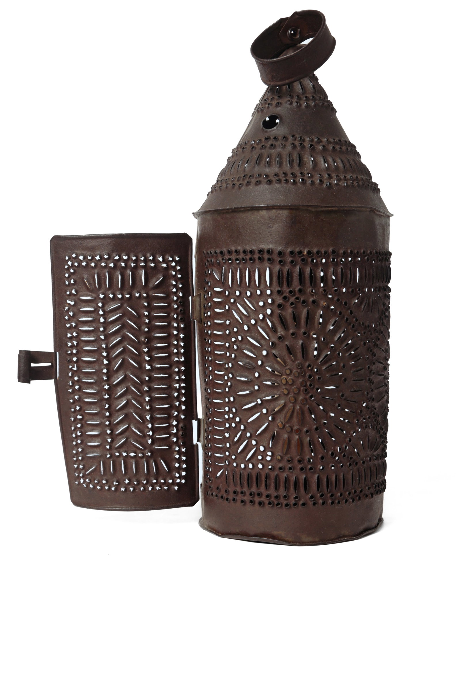 THREE PUNCHED TIN CANDLE LANTERNS. - 7
