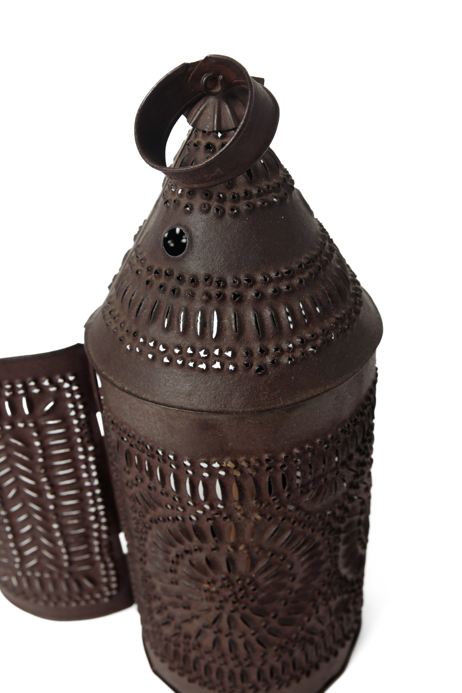 THREE PUNCHED TIN CANDLE LANTERNS. - 8