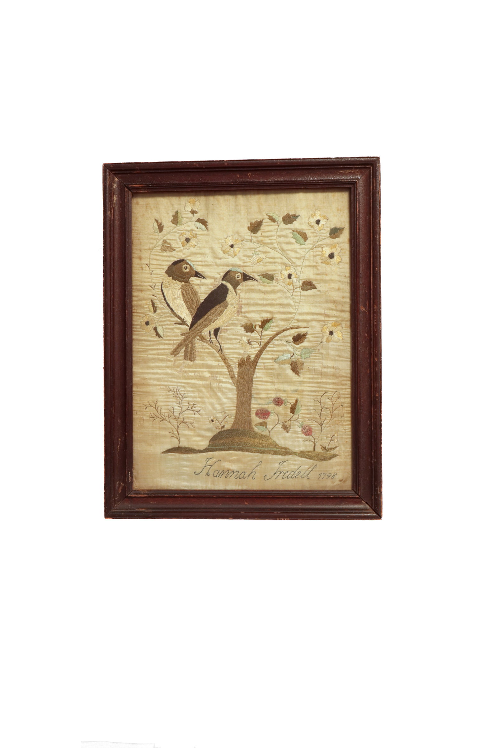 HANNAH IREDELL SIGNED SILK EMBROIDERY, DATED 1787.: HANNAH IREDELL SIGNED SILK EMBROIDERY, DATED 1787. American (Philadelphia, Pennsylvania), late 18th Century. Polychrome thread on silk. Depiction of two birds sitting in a flowering tree, signed and