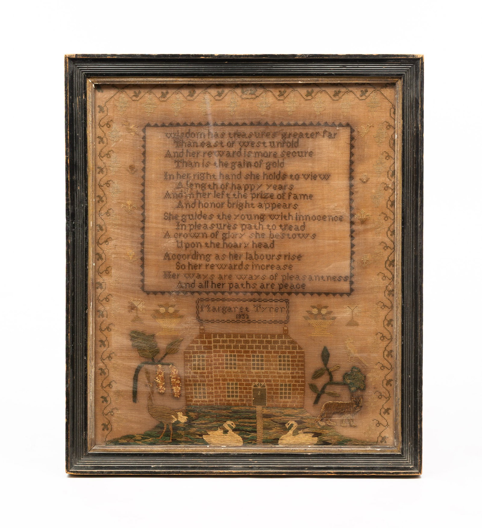 MARGARET TYRER NEEDLEWORK HOUSE SAMPLER, DATED 1832. (1 of 5)