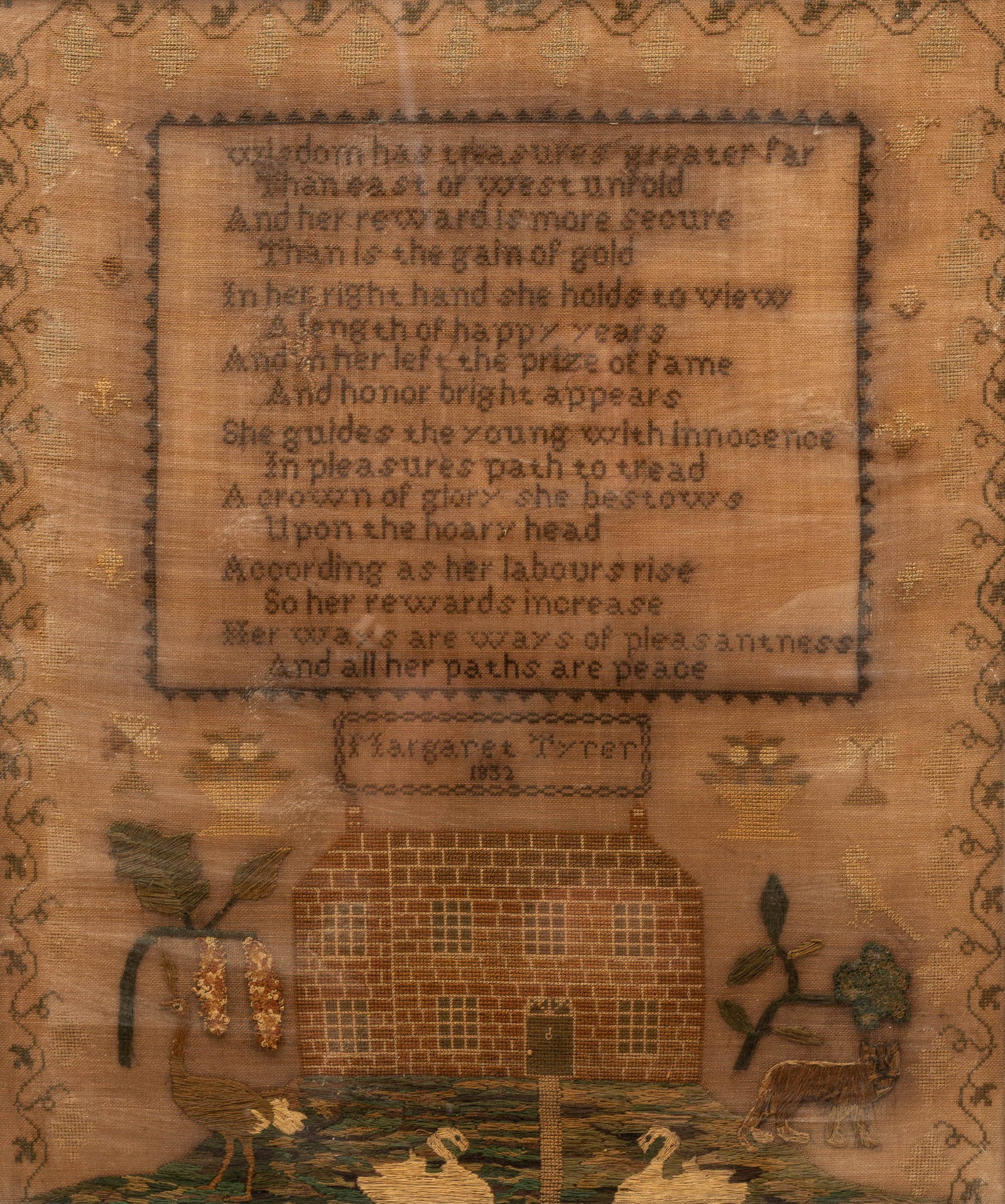 MARGARET TYRER NEEDLEWORK HOUSE SAMPLER, DATED 1832. - 2