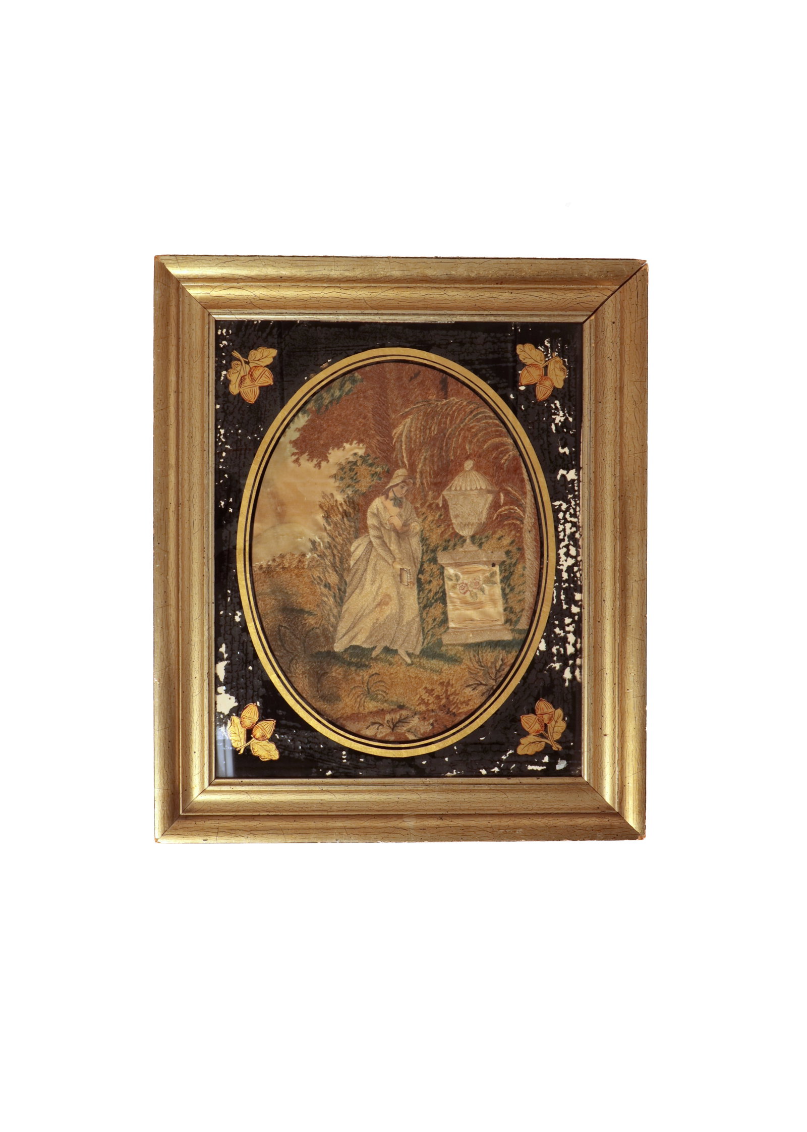 AMERICAN WATERCOLOR AND SILK NEEDLEWORK MOURNING MEMORIAL.: AMERICAN WATERCOLOR AND SILK NEEDLEWORK MOURNING MEMORIAL. American, late 18th or early 19th Century. Scene with a willow tree over a grieving woman with a painted face, holding a book in her hands