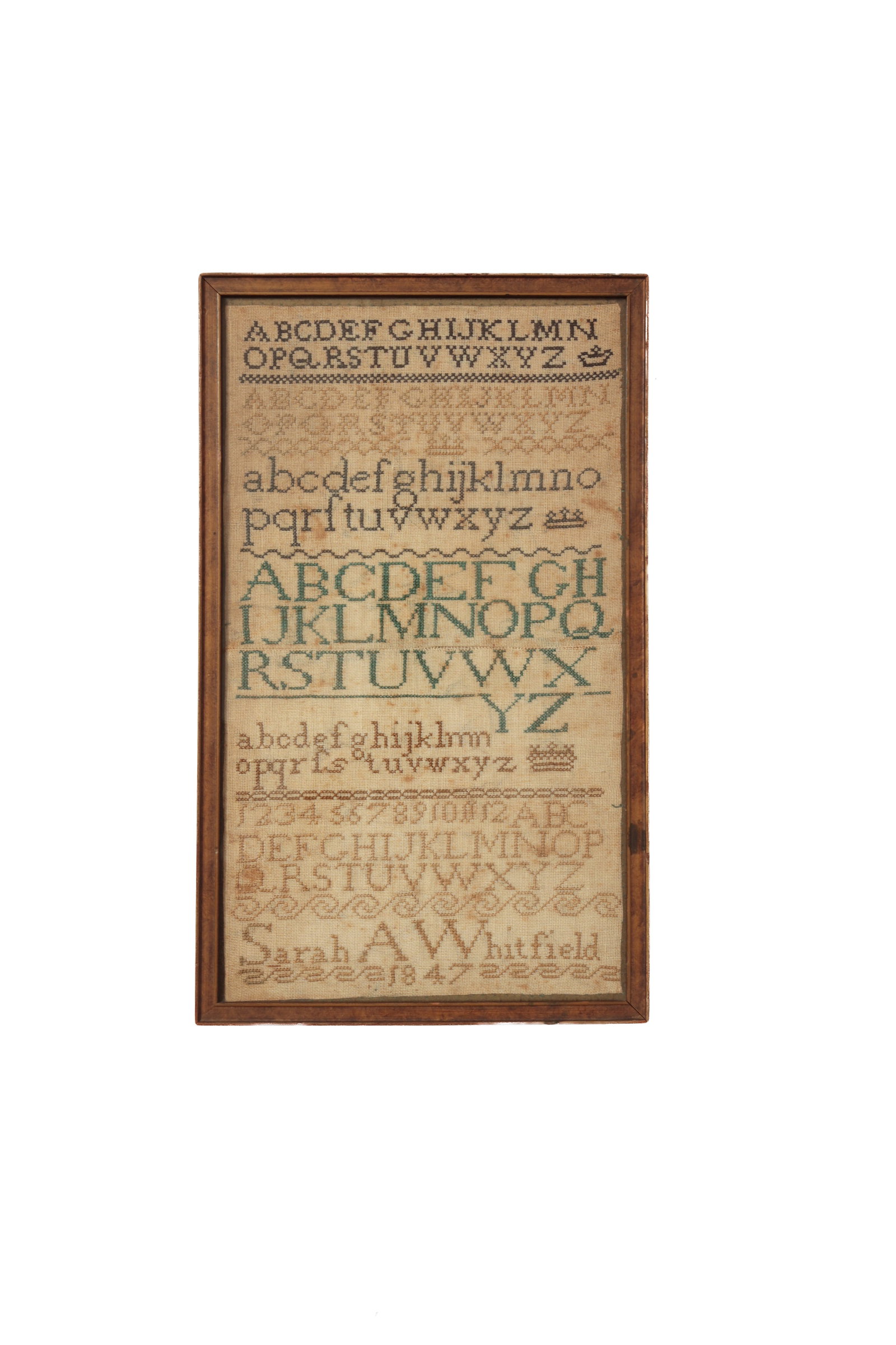 NEEDLEWORK SAMPLER BY SARAH A. WHITFIELD, DATED 1847. (1 of 4)