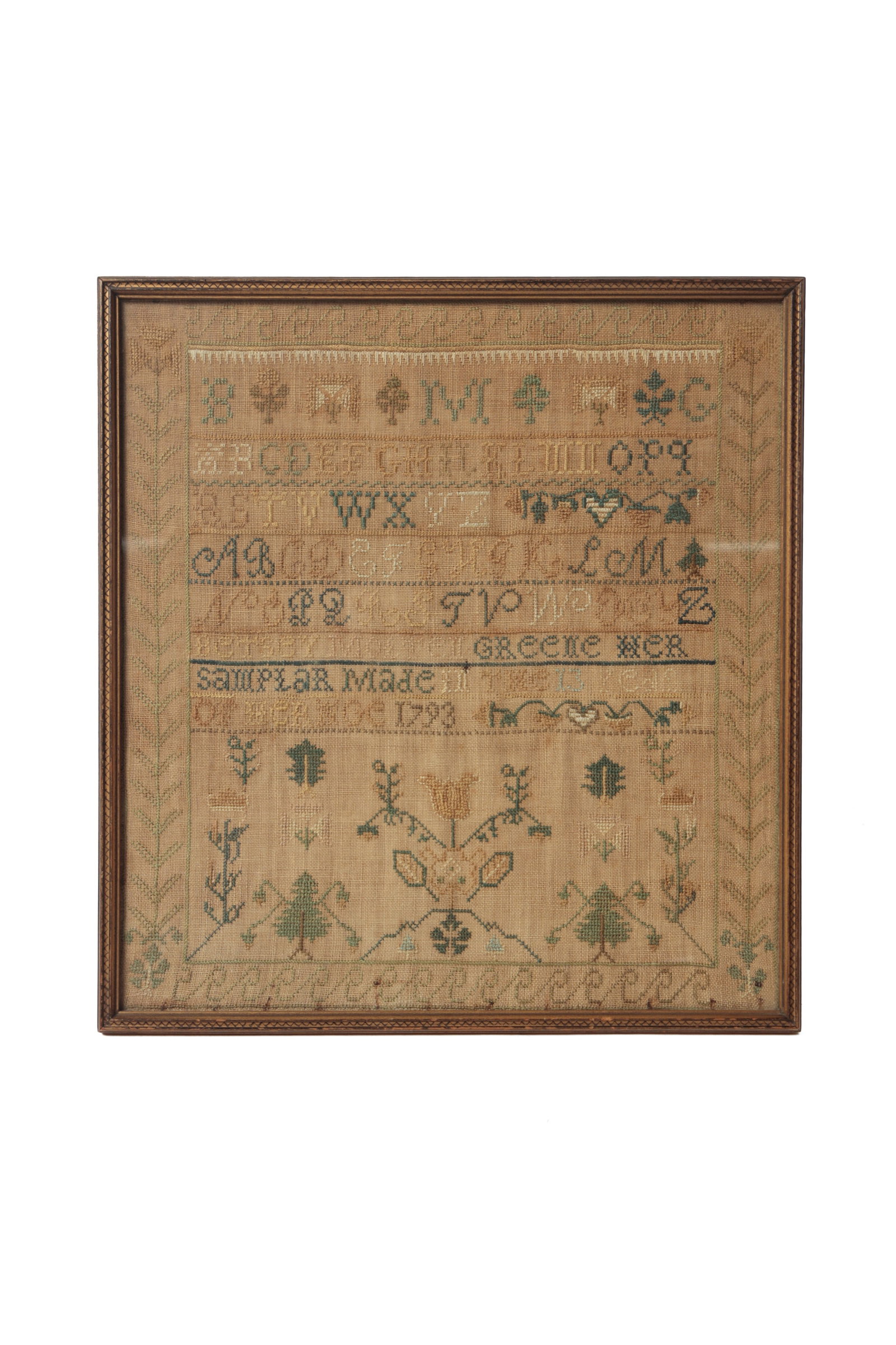 NEEDLEWORK SAMPLER WROUGHT BY BETSEY GREENE, DATED 1793. (1 of 6)
