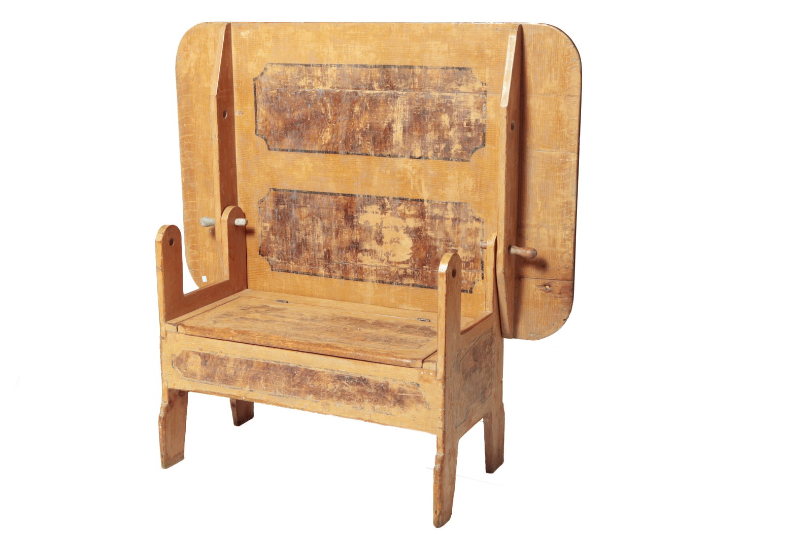 HUTCH TABLE WITH ORIGINAL STENCIL PAINTING.: HUTCH TABLE WITH ORIGINAL STENCIL PAINTING. American, 19th Century. Pine. Rectangular top with rounded corners with shaped battens, underside with grain-painted and black panel decoration, base with s