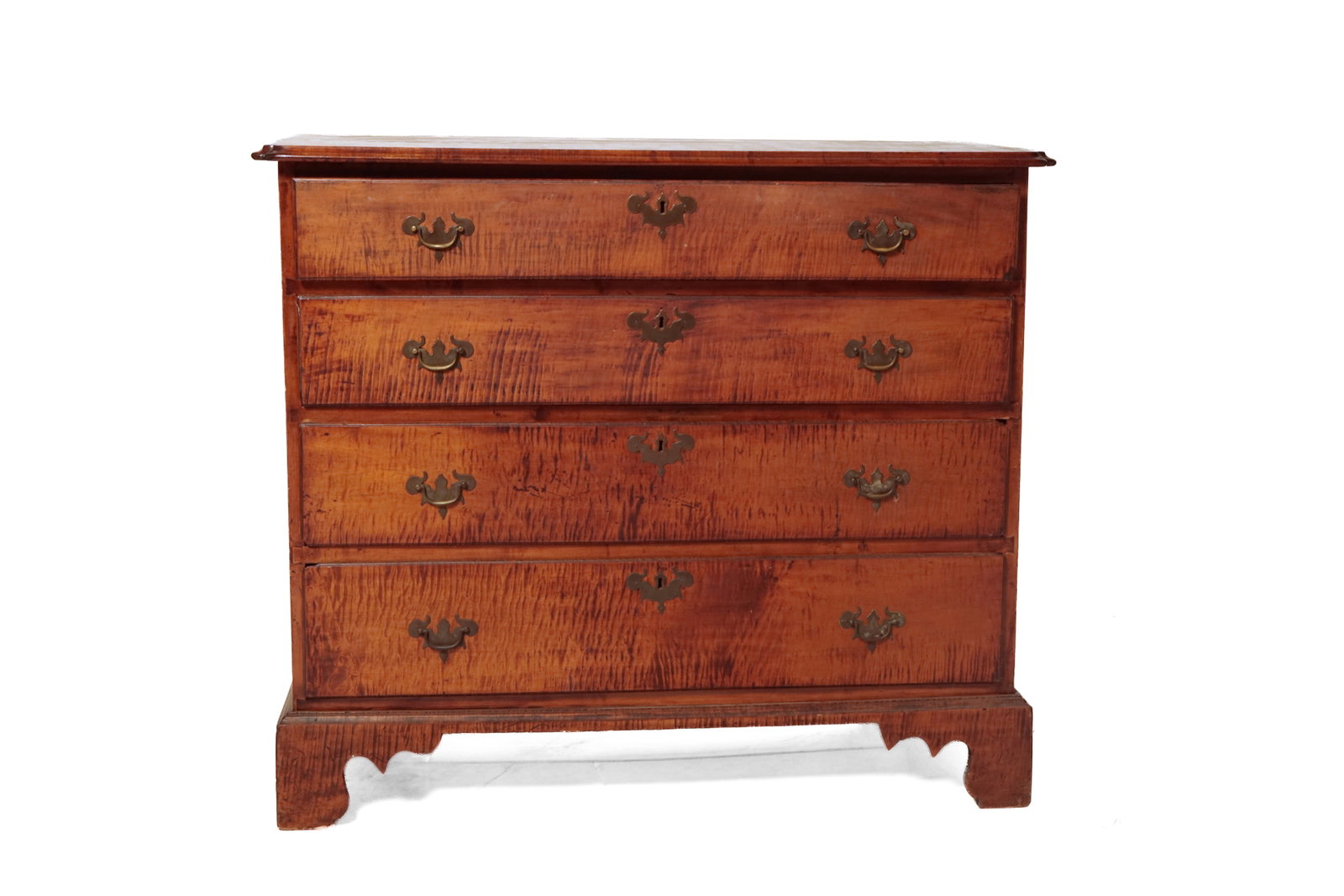 MASSACHUSETTS CHIPPENDALE TIGER MAPLE CHEST OF GRADUATED DRAWERS. (1 of 8)