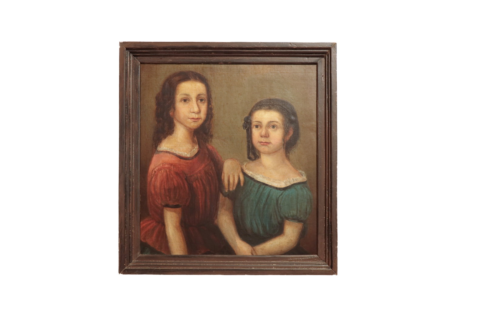 AMERICAN SCHOOL PORTRAIT OF TWO SISTERS.: AMERICAN SCHOOL PORTRAIT OF TWO SISTERS. Hudson River Valley region, late 19th Century. Oil on canvas. Unsigned. Two sisters, one standing with long brown hair and wearing a lace collared red dress