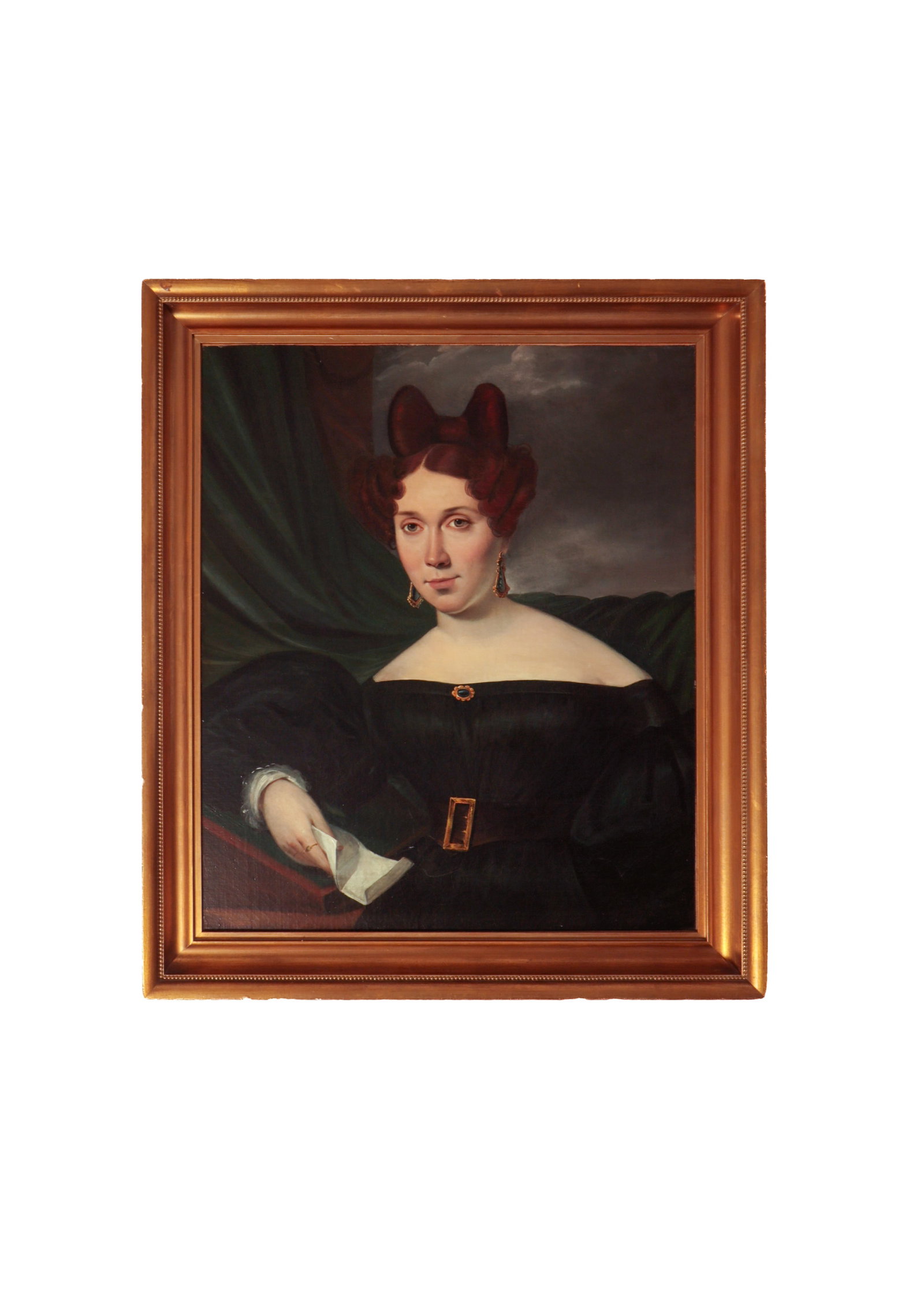 AMERICAN SCHOOL OIL ON CANVAS PORTRAIT OF A LADY.: AMERICAN SCHOOL OIL ON CANVAS PORTRAIT OF A LADY. Second quarter 19th Century. She has auburn hair and pale gray eyes, wears a high-waisted emerald green dress with puffy sleeves, earrings, a brooch, 