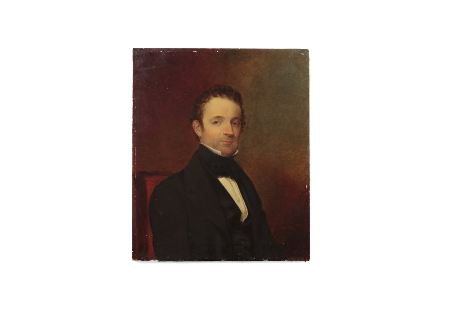 AMERICAN SCHOOL OIL ON CANVAS PORTRAIT OF A GENTLEMAN.: AMERICAN SCHOOL OIL ON CANVAS PORTRAIT OF A GENTLEMAN. 19th Century. Unsigned. A seated gentleman wearing a high-collar white shirt, black tie, vest, and coat; he wears his brown hair short and a