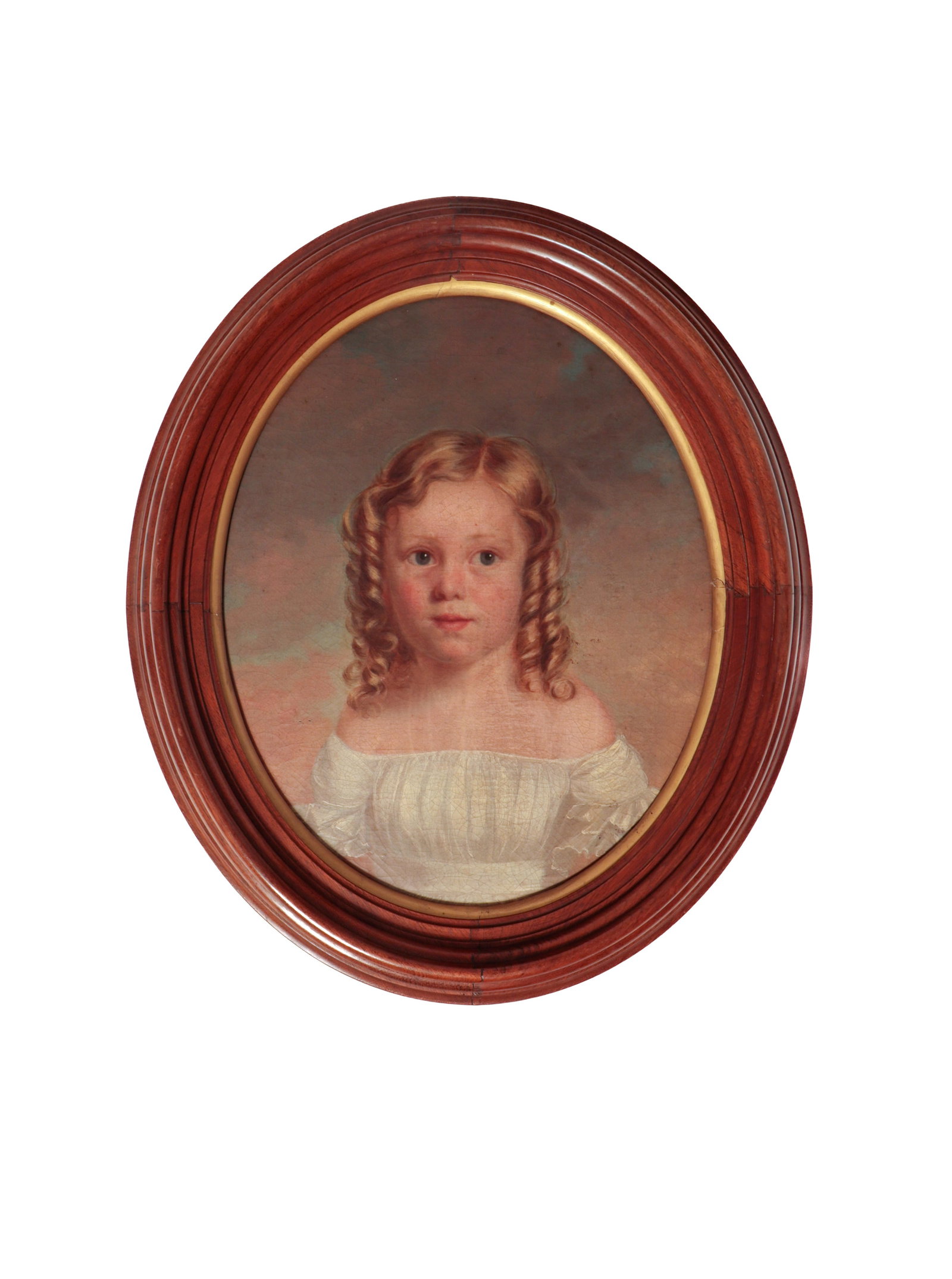 AMERICAN SCHOOL OIL ON CANVAS PORTRAIT OF A YOUNG TOW-HEADED GIRL.: AMERICAN SCHOOL OIL ON CANVAS PORTRAIT OF A YOUNG TOW-HEADED GIRL. Second half 19th Century. She has blue eyes, wears her hair with a part and ringlets and has a white high-waisted dress. Canvas, 21.7