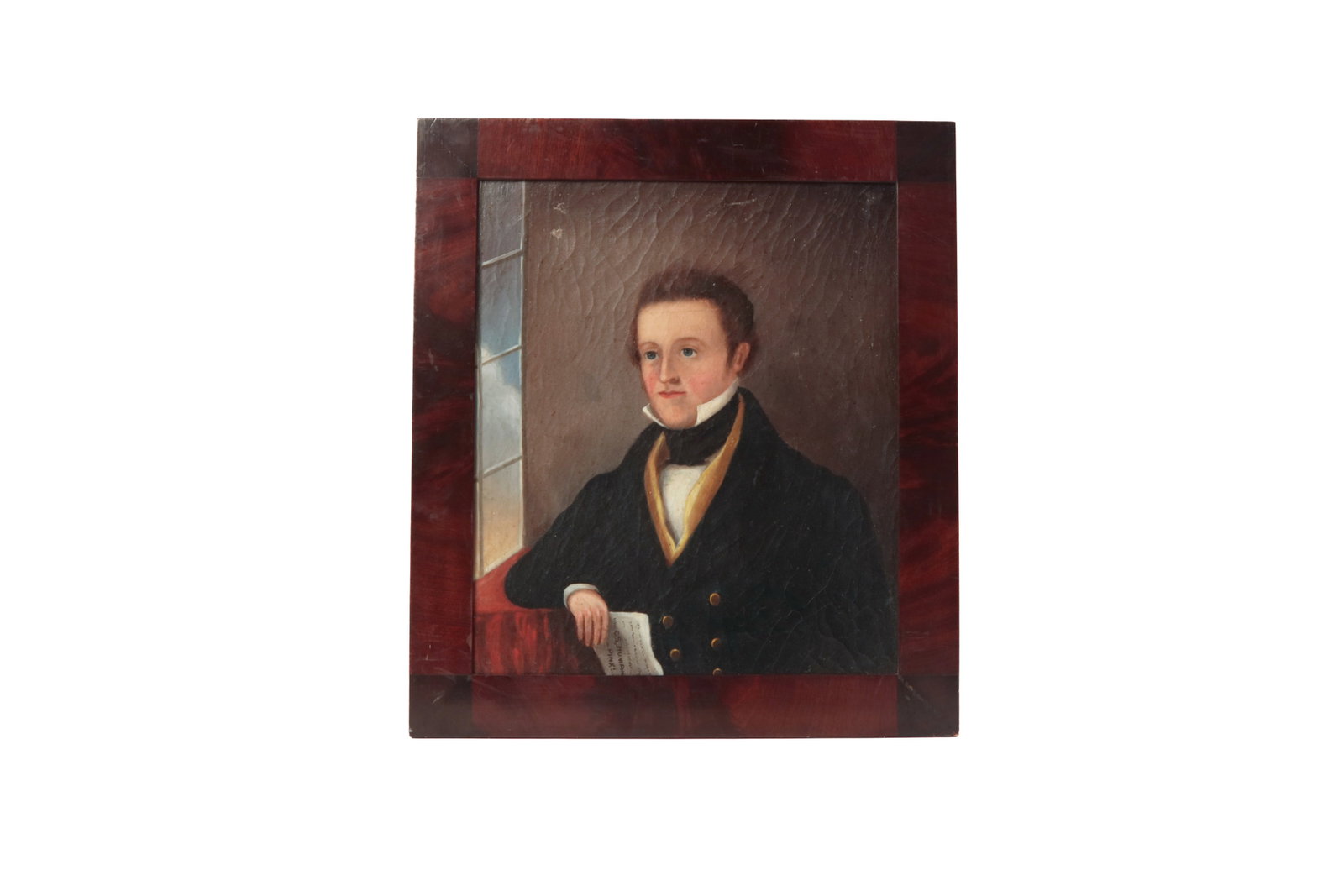 OIL ON CANVAS PORTRAIT OF A GENTLEMAN, SIGNED C.S. HUMPHREY.: OIL ON CANVAS PORTRAIT OF A GENTLEMAN, SIGNED C.S. HUMPHREY. American, 19th Century. Gentleman with swept-back brown hair, sideburns, blue eyes, red lips, and rosy cheeks wearing a high-collard white