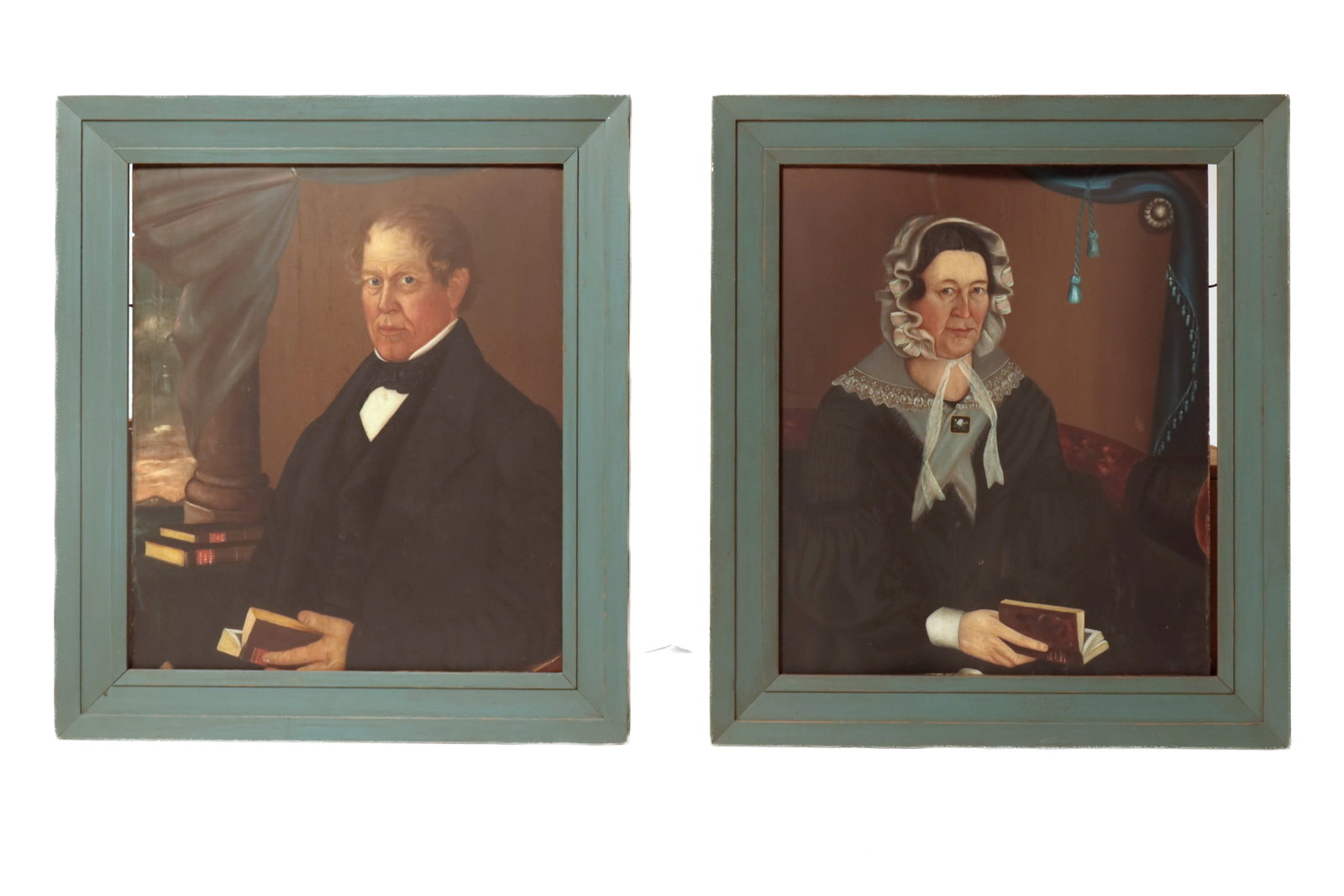 PAIR OF AMERICAN SCHOOL OIL ON BOARD PORTRAITS OF HUSBAND AND WIFE. (1 of 7)