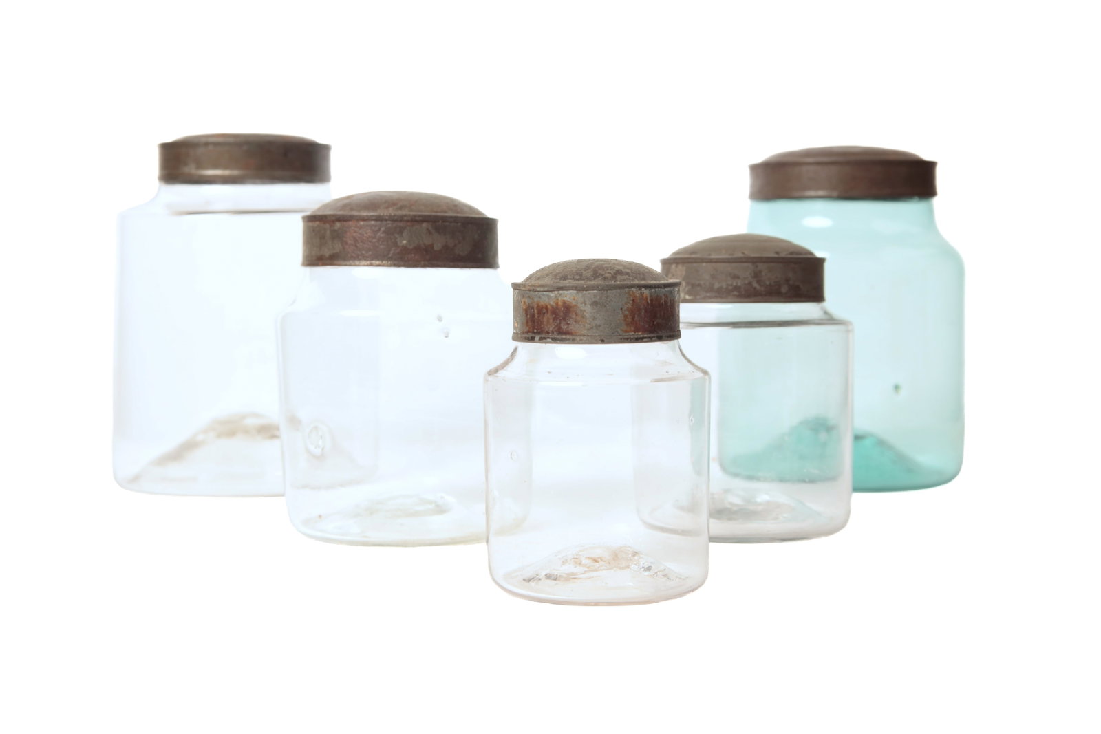 FIVE BLOWN GLASS CANISTER JARS WITH TIN LIDS. (1 of 7)