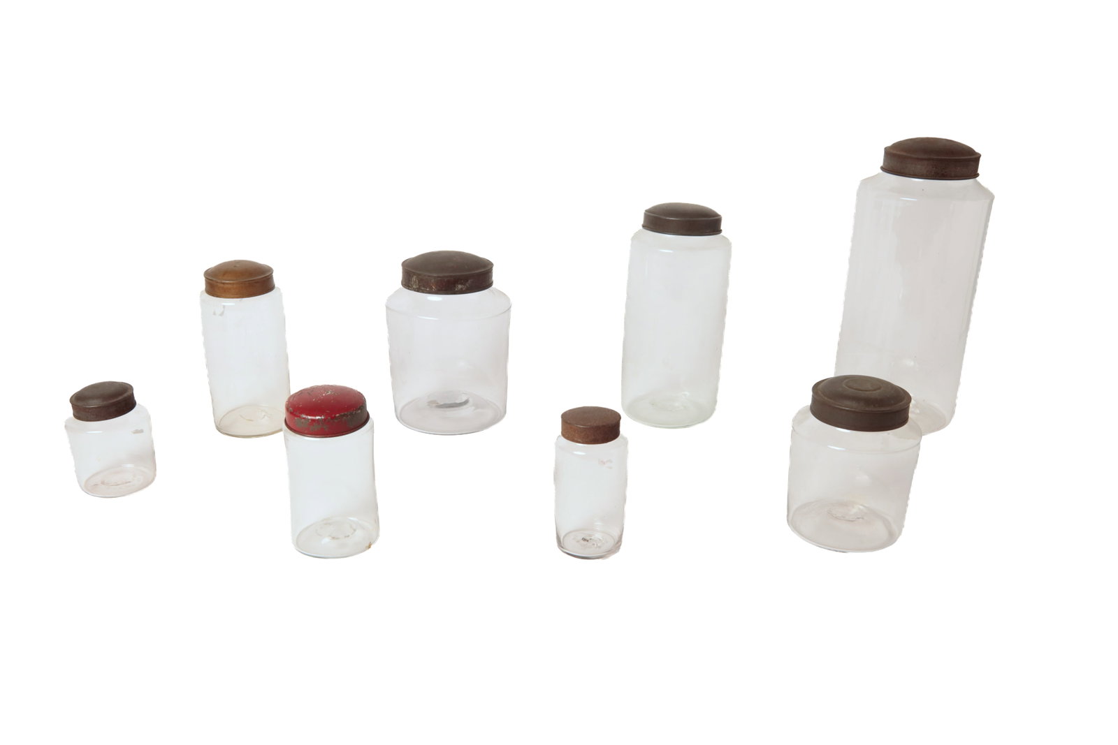 ASSEMBLED SET OF EIGHT CLEAR FLINT GLASS BLOWN CANISTER JARS. (1 of 8)