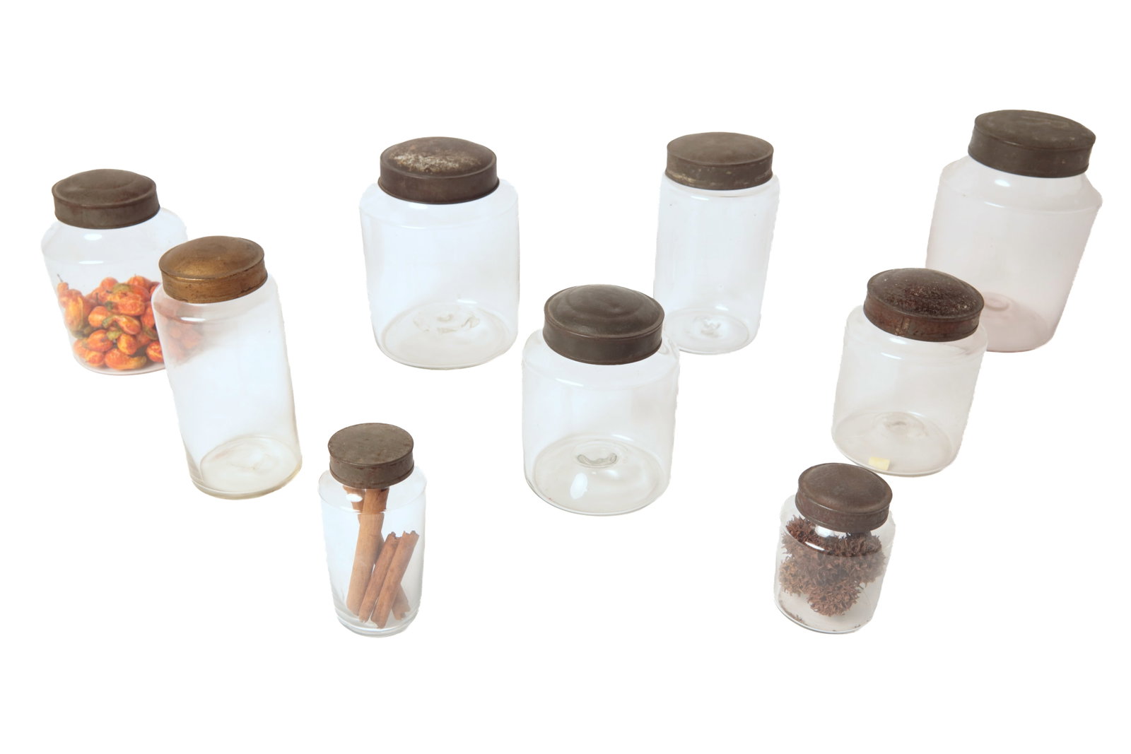 ASSEMBLED SET OF NINE CLEAR FLINT GLASS BLOWN CANISTER JARS. (1 of 9)