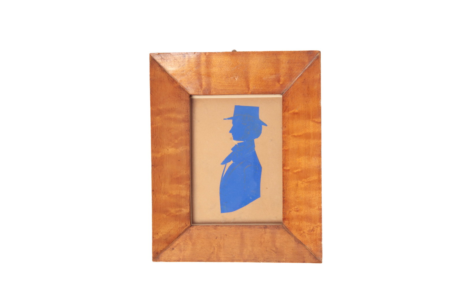CUT PAPER SILHOUETTE OF A GENTLEMAN IN TIGER MAPLE FRAME. (1 of 3)