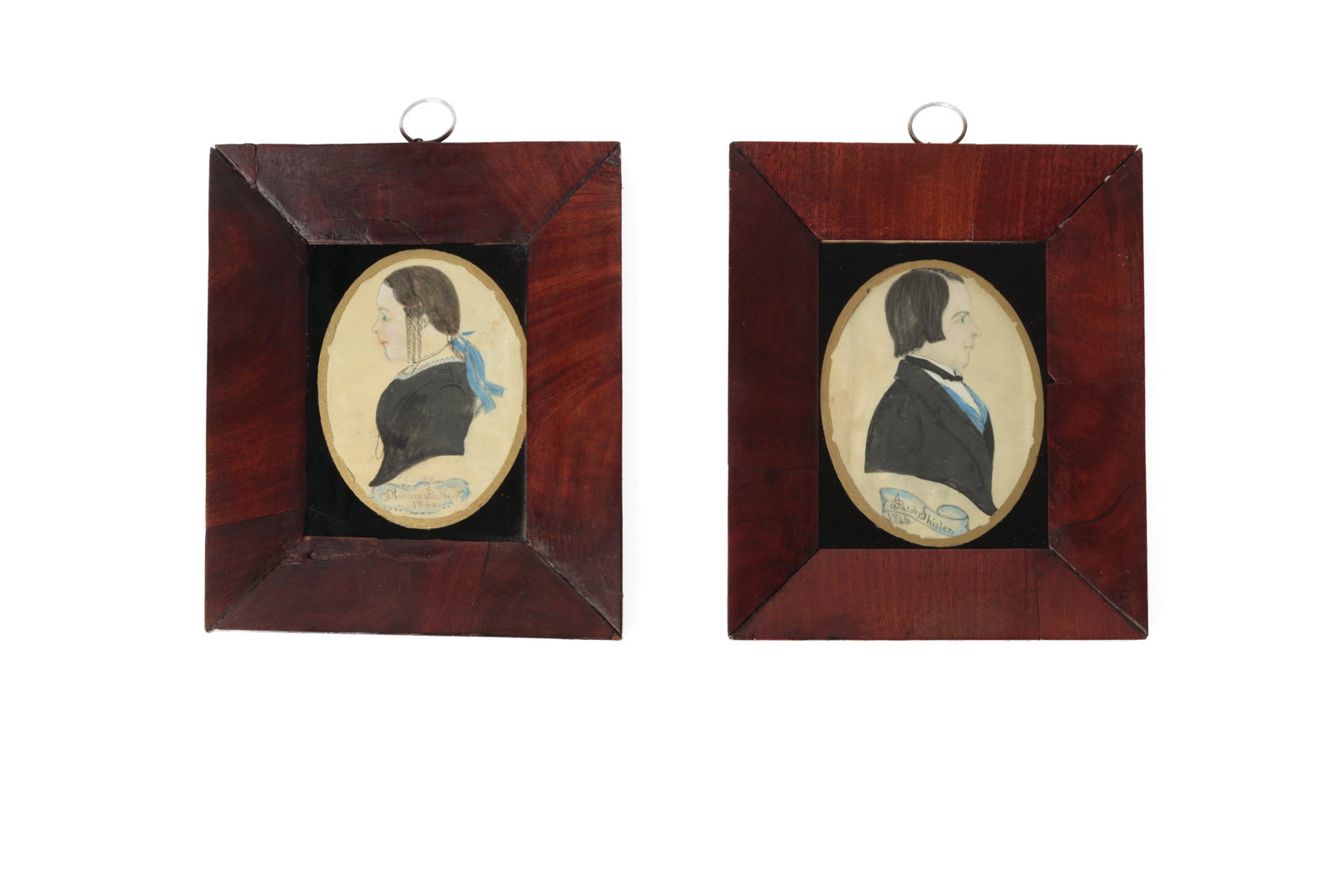 PAIR OF FOLK ART WATERCOLOR SILHOUETTE PORTRAITS, DATED 1846. (1 of 9)