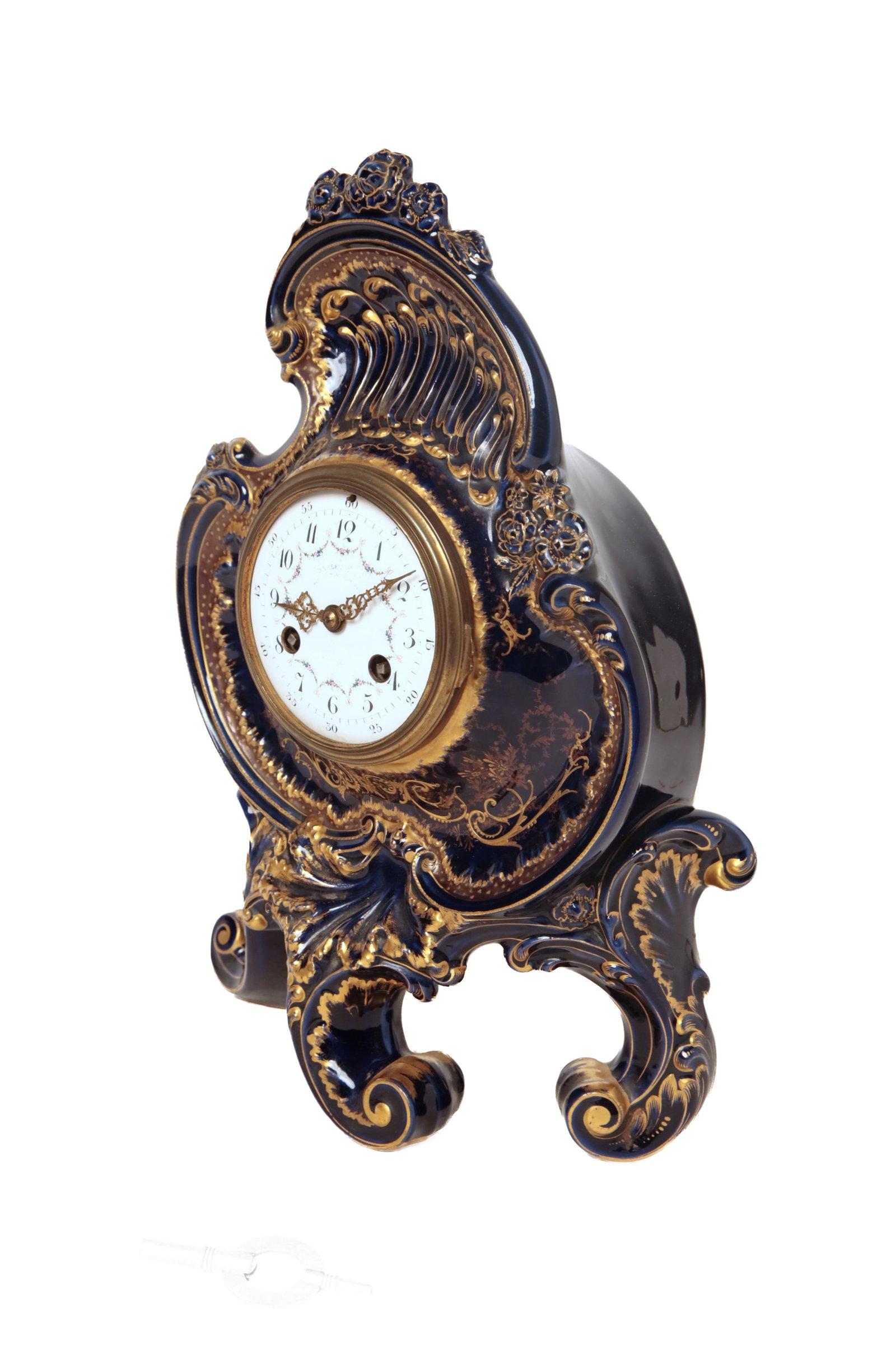 PORCELAIN MANTLE CLOCK WITH COBALT GLAZE. (1 of 10)