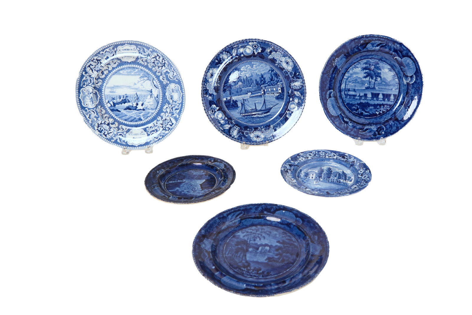 SIX HISTORICAL BLUE STAFFORDSHIRE PLATES WITH AMERICAN SCENES. (1 of 7)