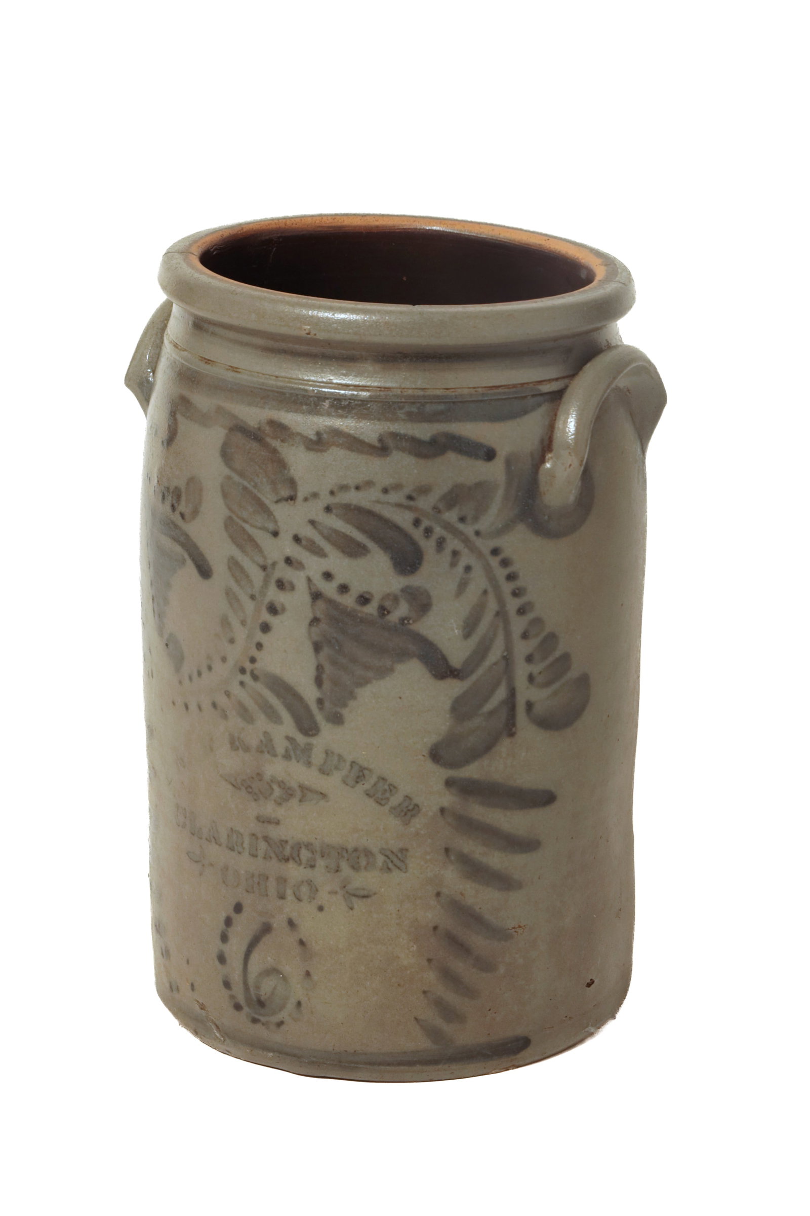 SIX GALLON J. W. KAMPFER (CHARINGTON, OHIO) STONEWARE JAR. (1 of 16)