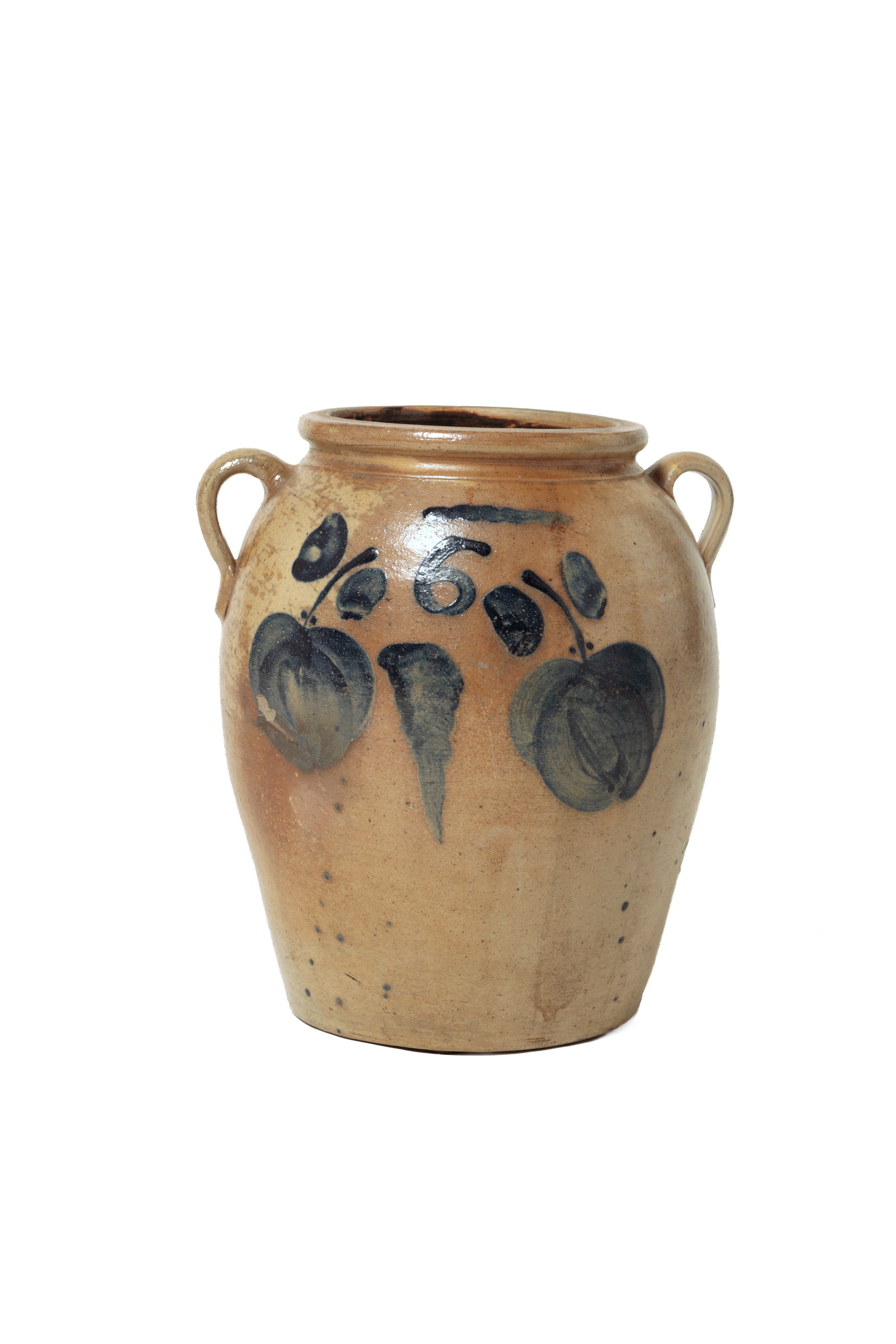 FREEHAND COBALT-DECORATED STONEWARE SIX GALLON DOUBLE-HANDLED JAR.: FREEHAND COBALT-DECORATED STONEWARE SIX GALLON DOUBLE-HANDLED JAR. American (likely Ohio), 19th Century. Semi-ovoid body with pronounced rim, small applied strap handles, and brushed double apples, a