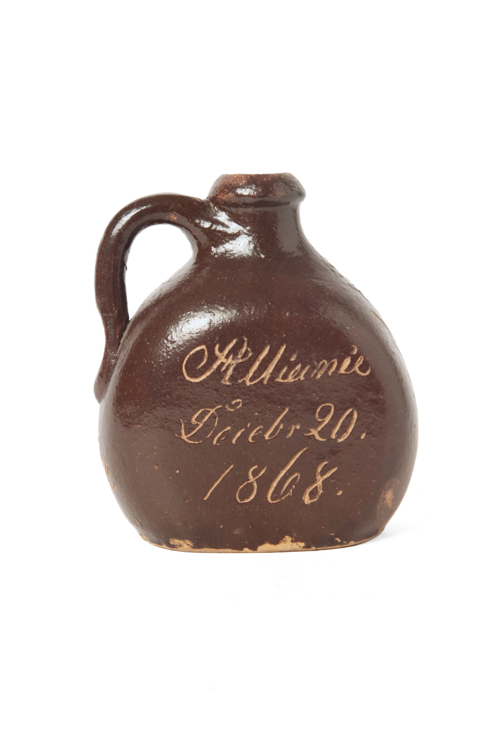 DIMINUTIVE SCRATCH JUG, DATED 1868. - 4