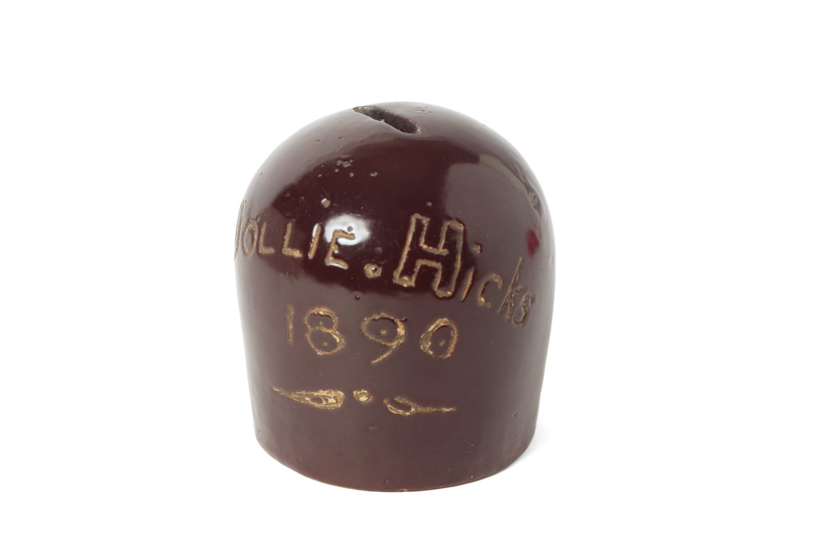 STONEWARE SCRATCH BANK, INSCRIBED "DOLLIE HICKS 1890". (1 of 9)