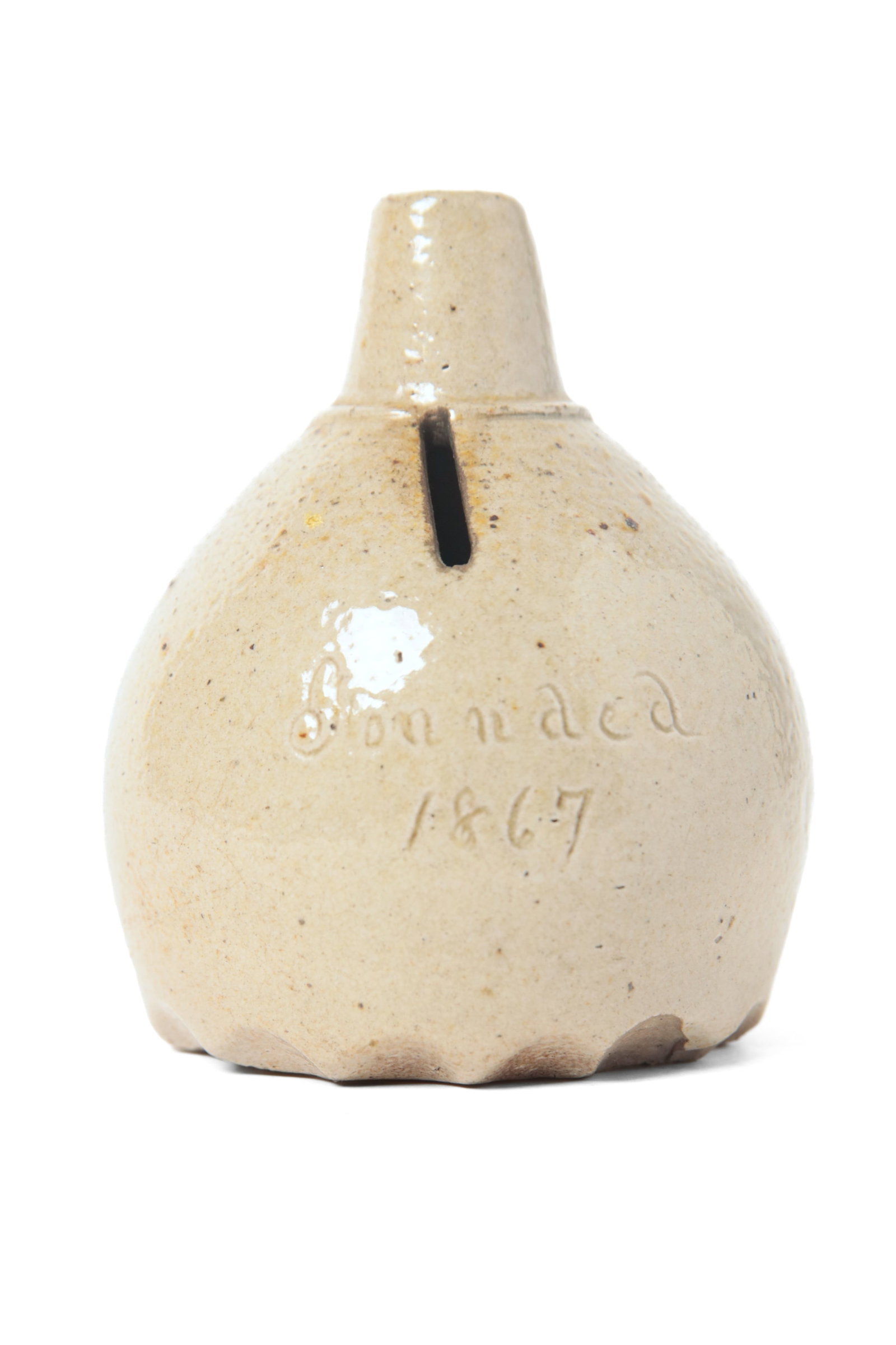DIMINUTIVE STONEWARE BANK WITH INCISED NAME, DATED 1867. (1 of 8)