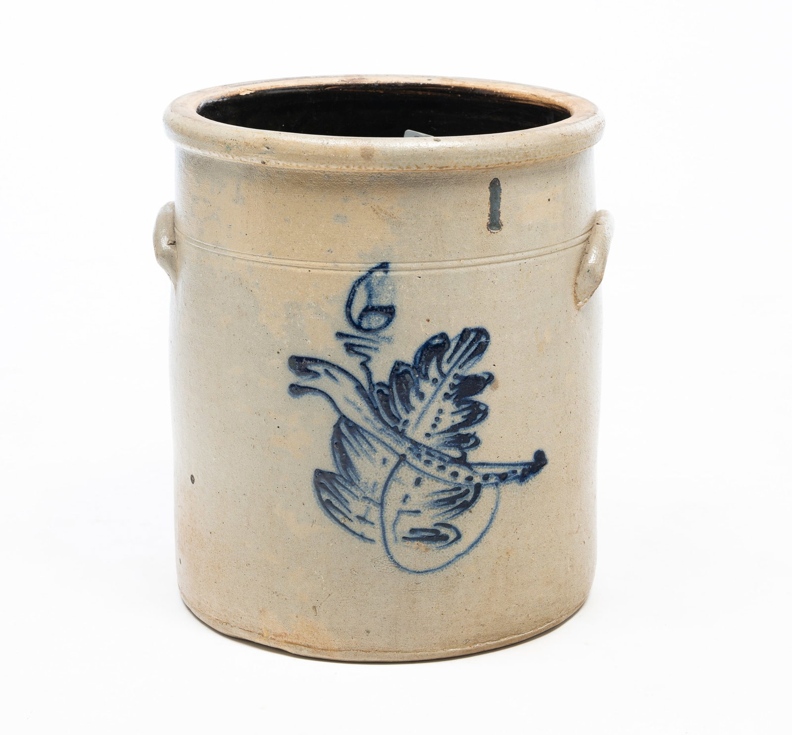 AMERICAN SIX GALLON STONEWARE JAR WITH FREEHAND COBALT DECORATION: AMERICAN SIX GALLON STONEWARE JAR WITH FREEHAND COBALT DECORATION Second half 19th Century. Applied handles, cobalt stylized leaf, snake and "6" decoration. 14"h. 12.25"d.