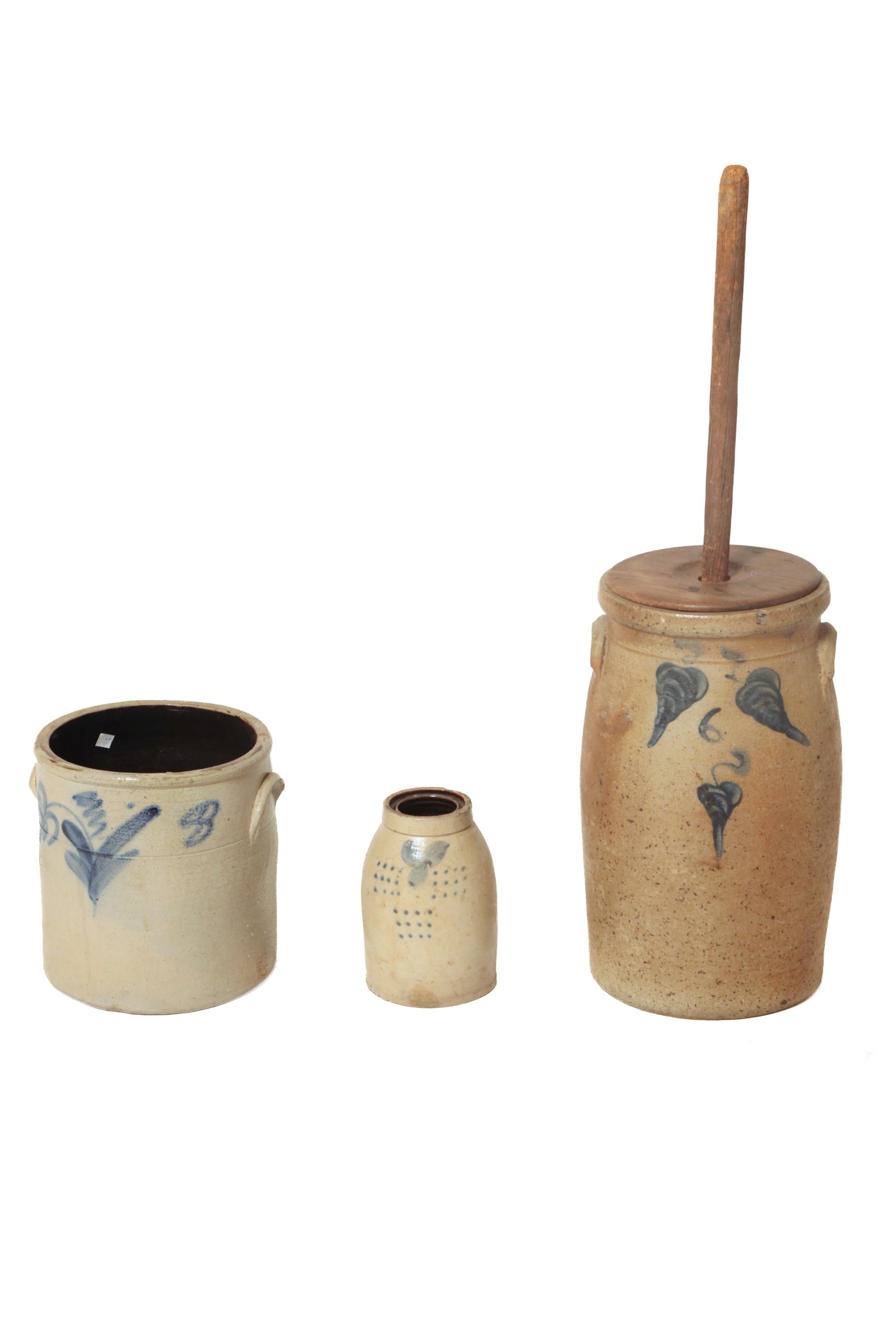 THREE STONEWARE JARS WITH COBALT DECORATION. (1 of 20)