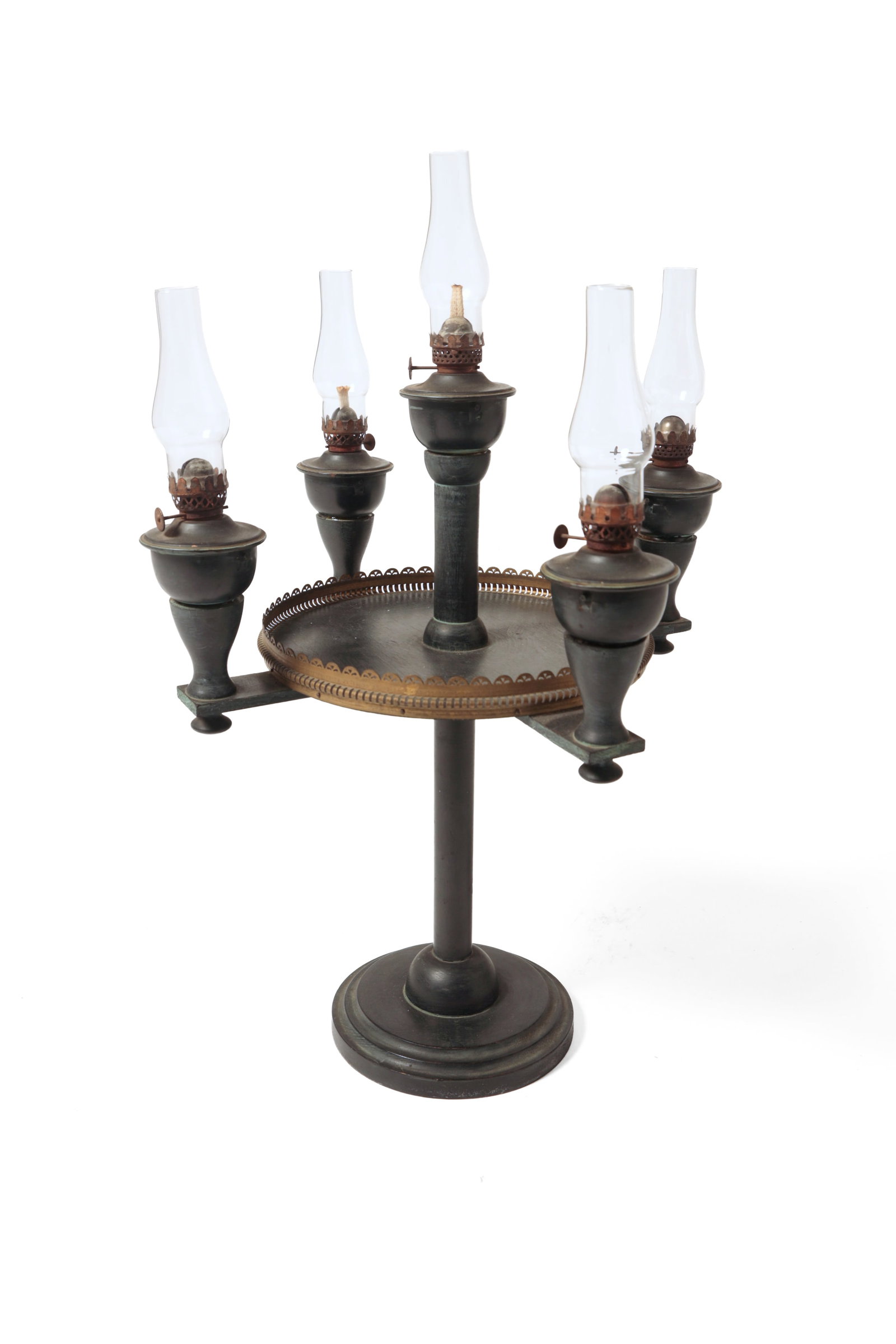 PRIMITIVE FIVE-LIGHT CANDELABRA.: PRIMITIVE FIVE-LIGHT CANDELABRA. American, 19th Century. Wooden candelabra with a round base, central standard with four arms, each holding a fluid-burning lamp with a hurricane shade, a platform with