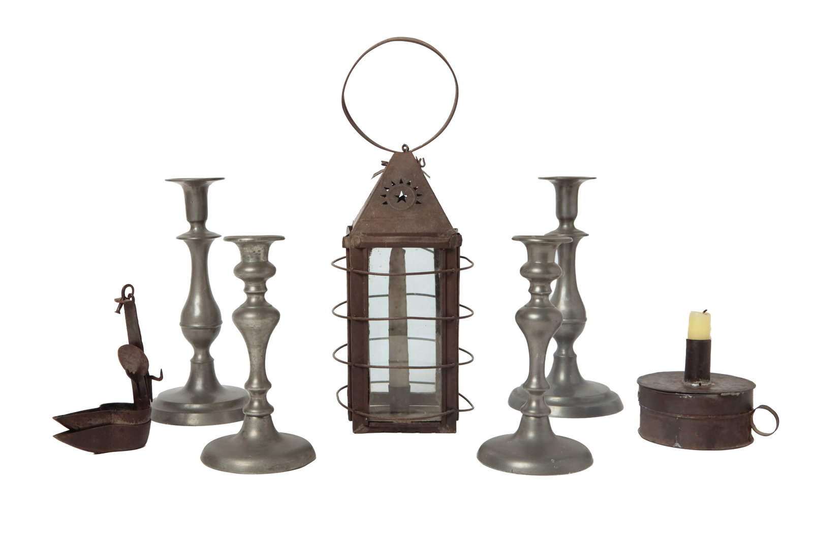 COLLECTION OF LIGHTING.: COLLECTION OF LIGHTING. American, mid- 19th Century. A pair of baluster stem candlesticks, likely Cincinnati. 4.75"h. A pair of inverted baluster stem candlesticks with pushups. 8"h. A tin lantern